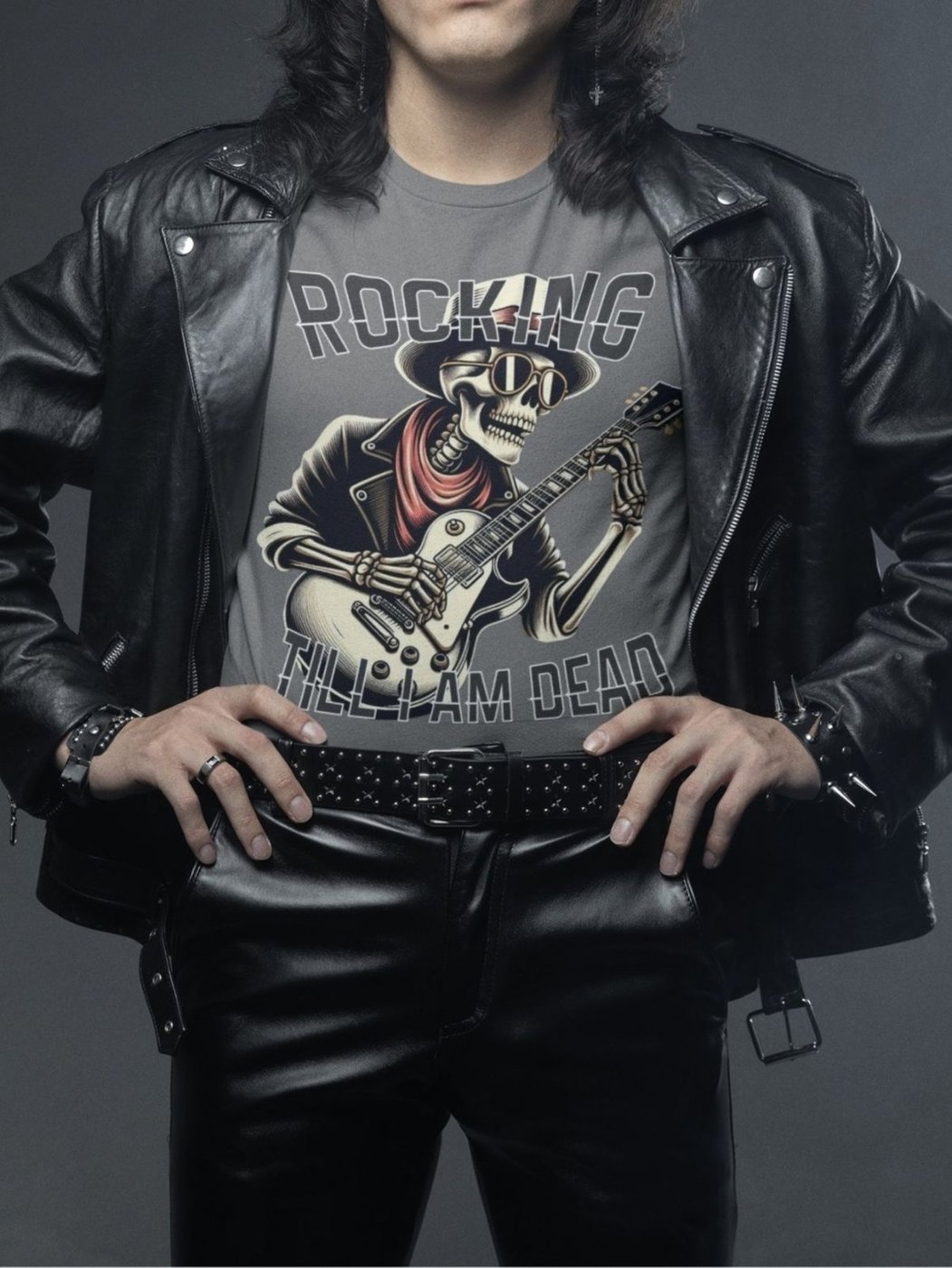 Imagem principal Camiseta Masculina GuGi Camisa De Rock Esqueleto Caveira Com Guitarra Chumbo preto Gugi preto