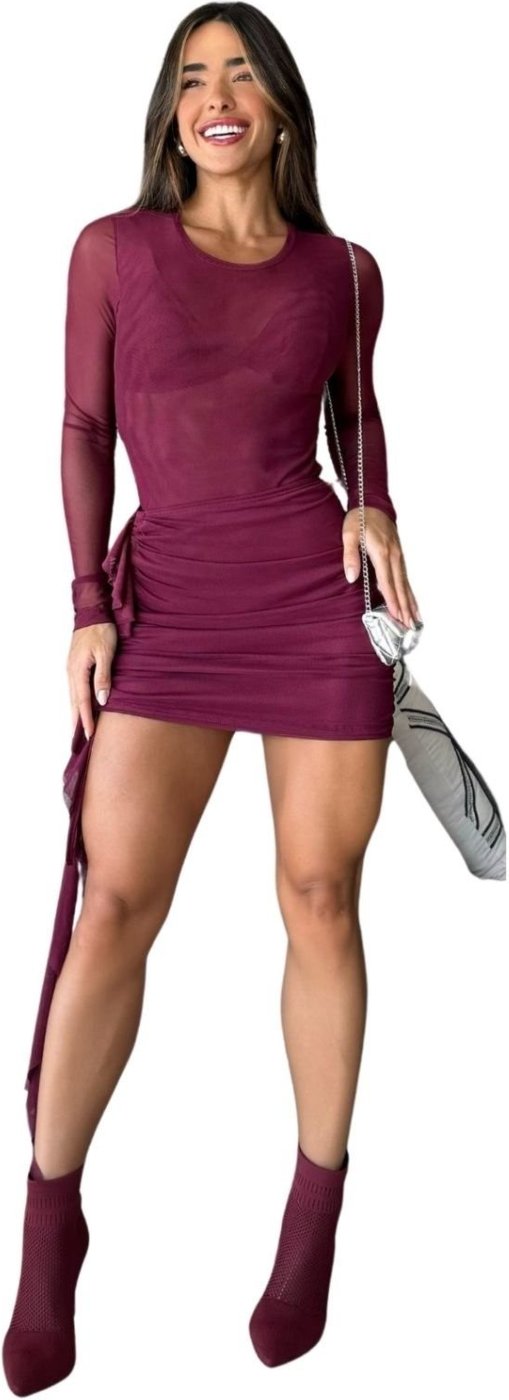 Conjunto Top, Body Manga Longa Luccy e Saia Tule Babados Mitte Marsala