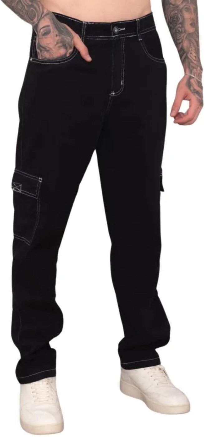 Imagem principal Calça Cargo Alleppo Jeans Masculina Preta de Sarja com Costura Branca preto Alleppo Jeans preto