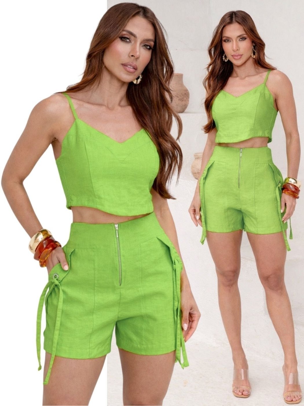 Conjunto Feminino Tropical Fashion Cropped e Shorts Com Zíper Tanqueray