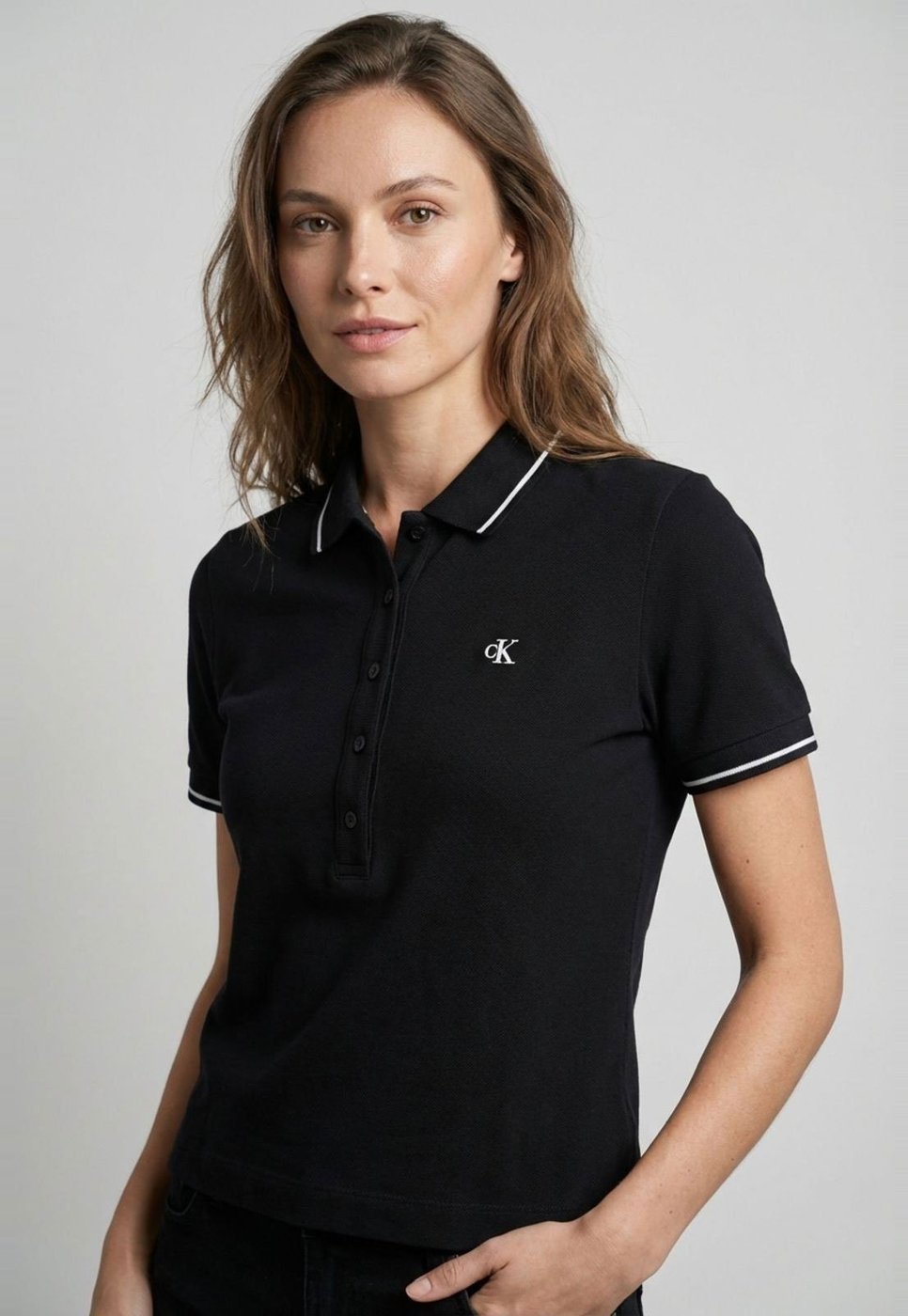 Polo Feminina Calvin Klein Jeans Piquet Duplo Preta