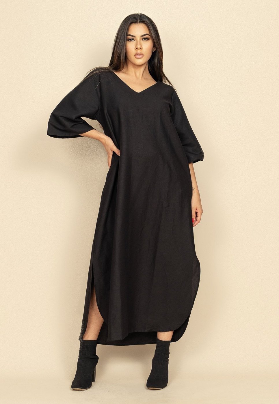 Vestido Midi Linho Manga 3/4