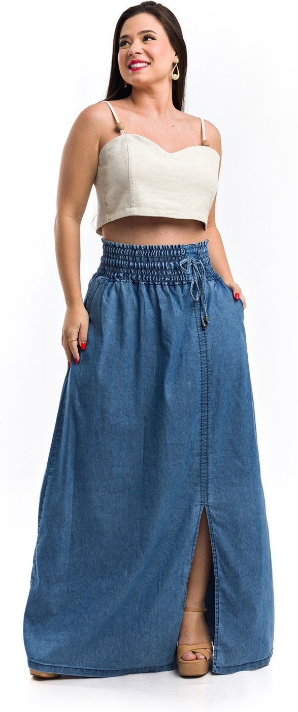 Saia Longa Restrito Jeans Com Lastex