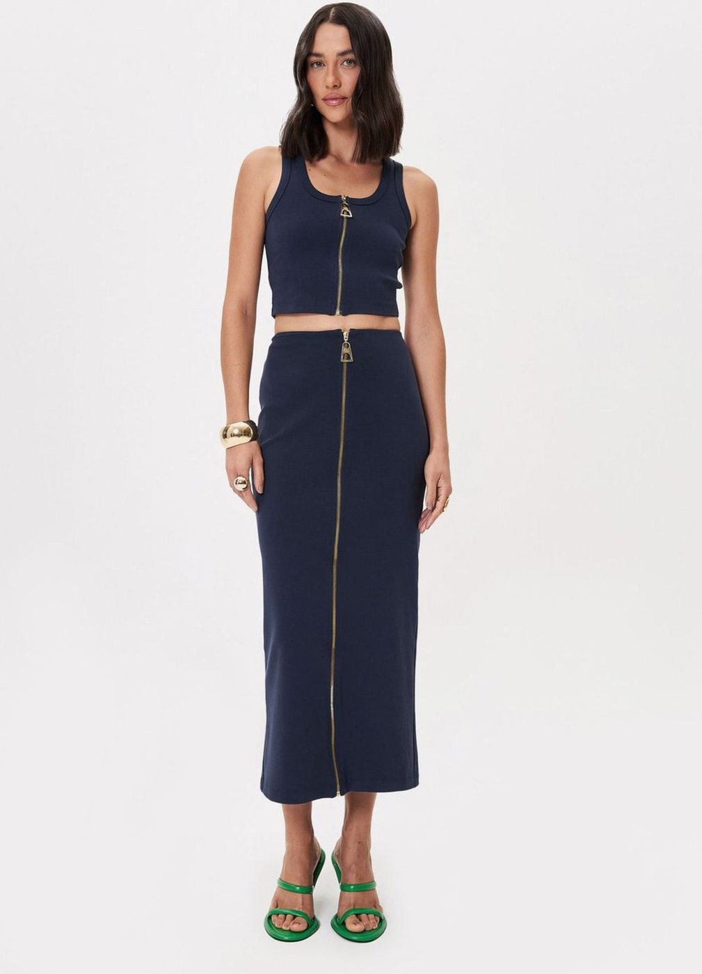 Saia Super Midi Cintura Alta Com Zíper Frontal