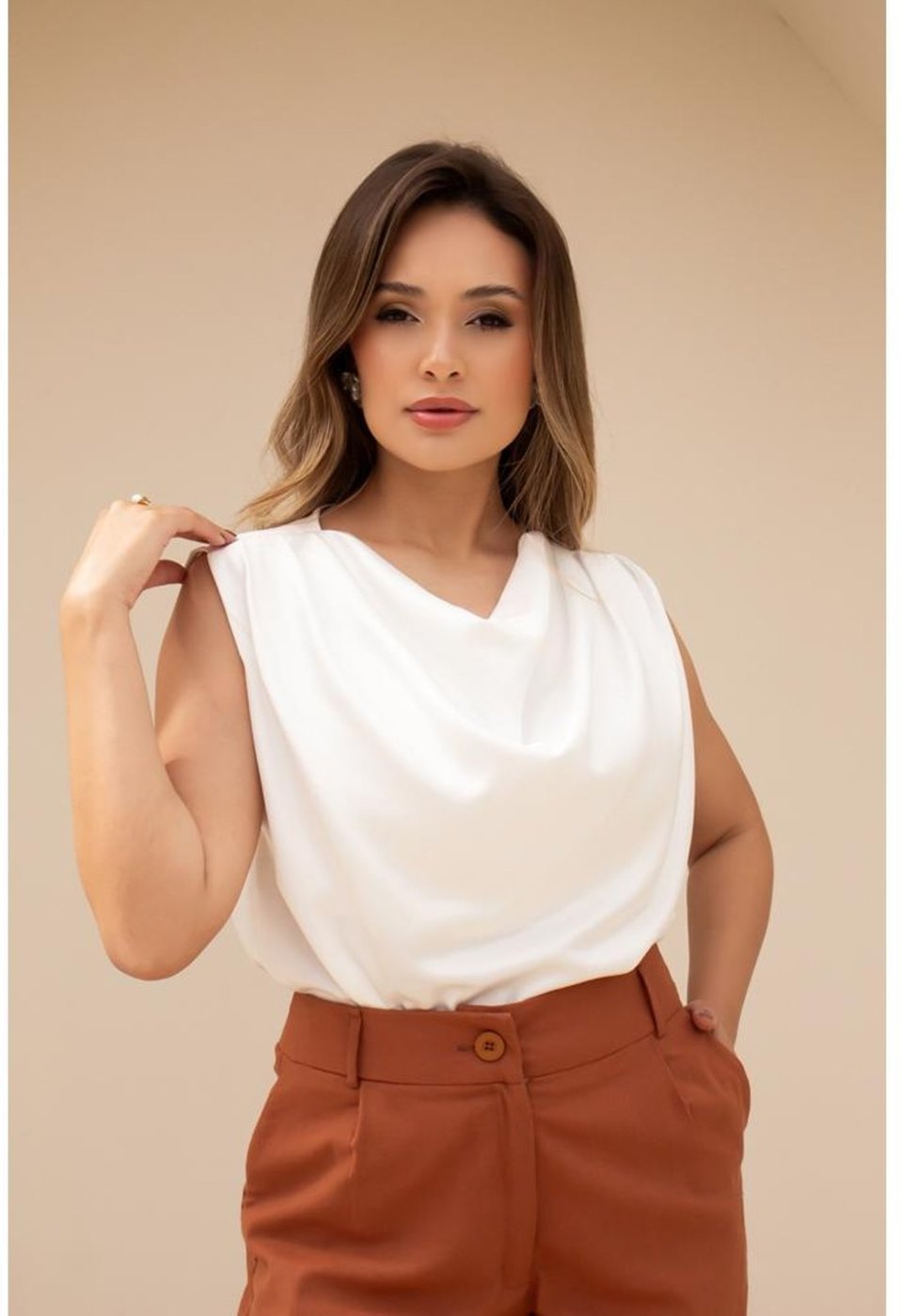 Imagem principal Blusa Feminina Tipo Seda Gola Drapeada Sofisticada Elegante TEODORO CAMISARIA branco TEODORO CAMISARIA branco