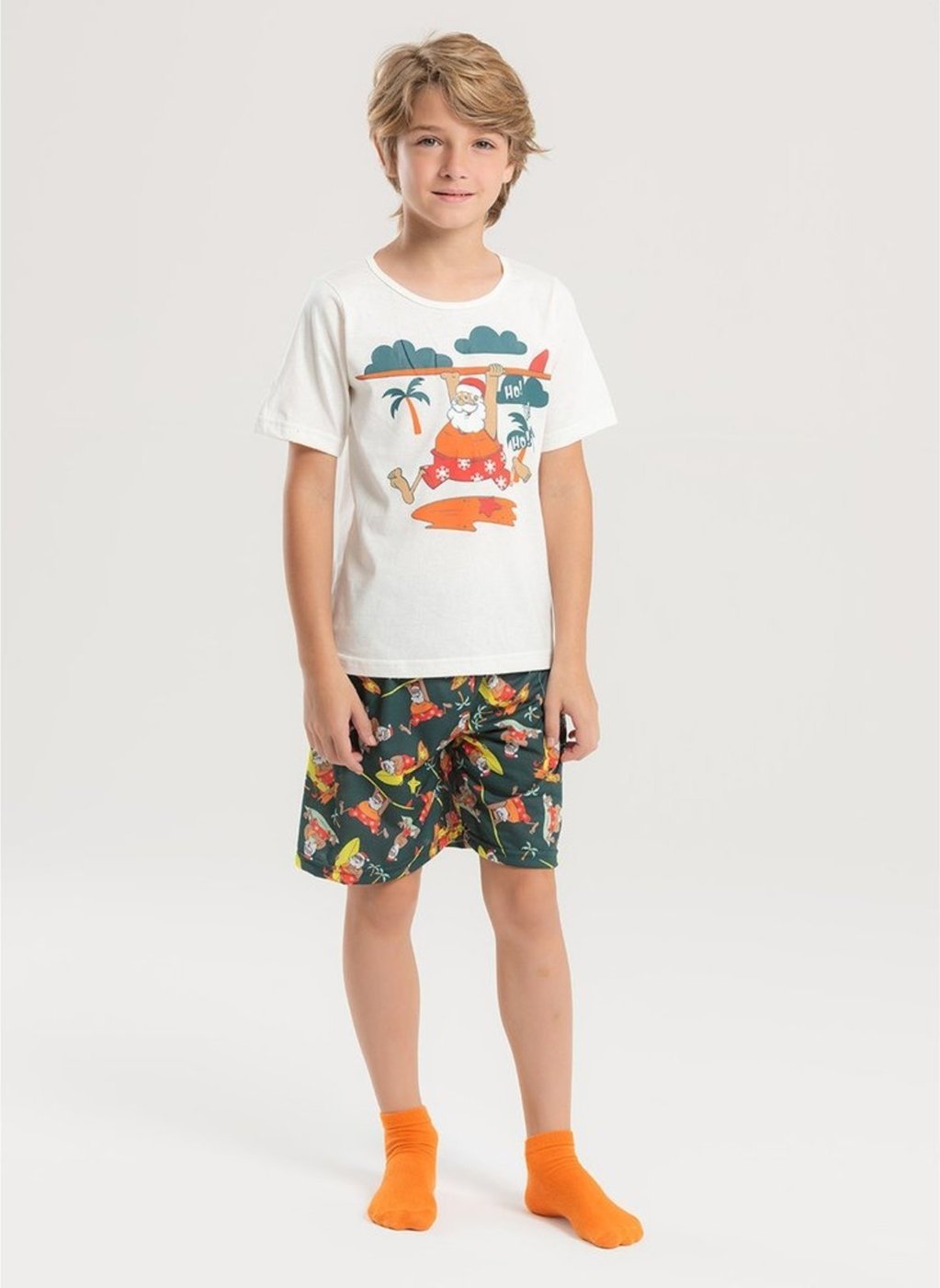 Imagem principal Pijama Natal Verão Menino Natural Camiseta e Bermuda Papai Noel Surfista Molekada bege natural Molekada bege natural