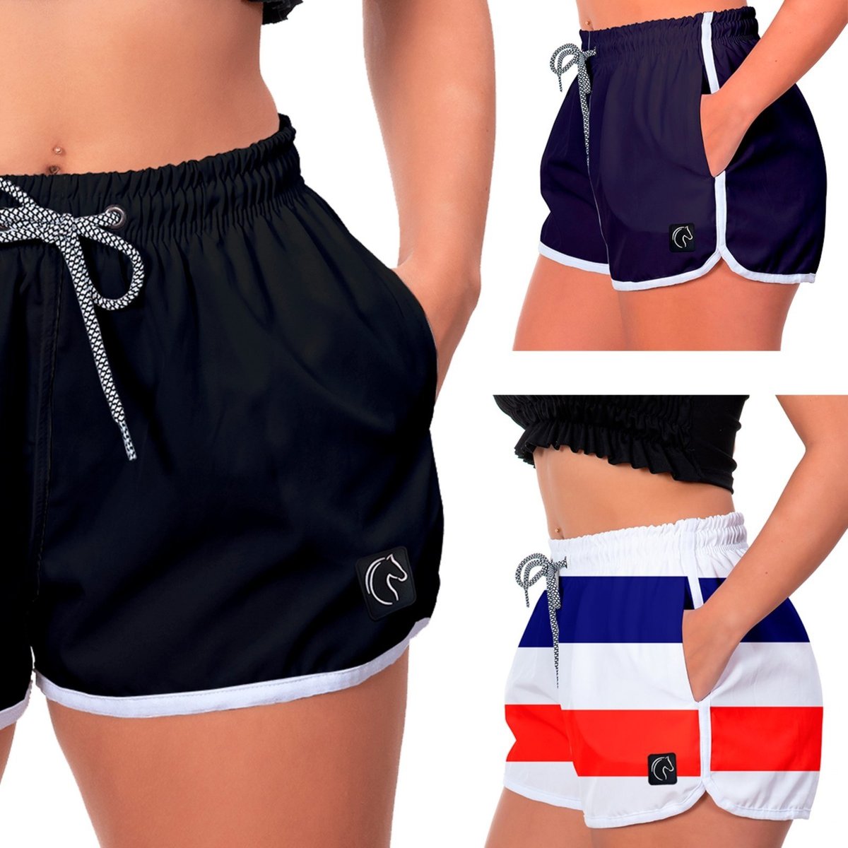 Kit 3 Shorts Feminino Premium Secagem Rápida com Elástico Cordão Ajustável e Bolsos Moda Praia Casual ou Treino Academia e Azul e