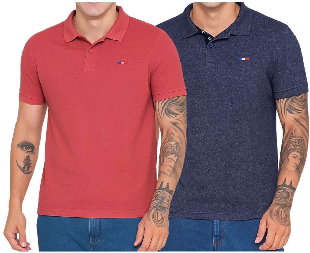 Imagem principal Kit 2 Polos Masculina Básicas FMF e Azul Jeans Piquet no Estilo Tommy Bordado França coral FMF coral