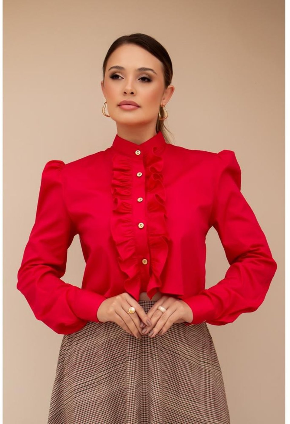 Imagem principal Camisa Feminina Tipo Cropped De Algodão Com Babados Elegante TEODORO CAMISARIA vermelho TEODORO CAMISARIA vermelho