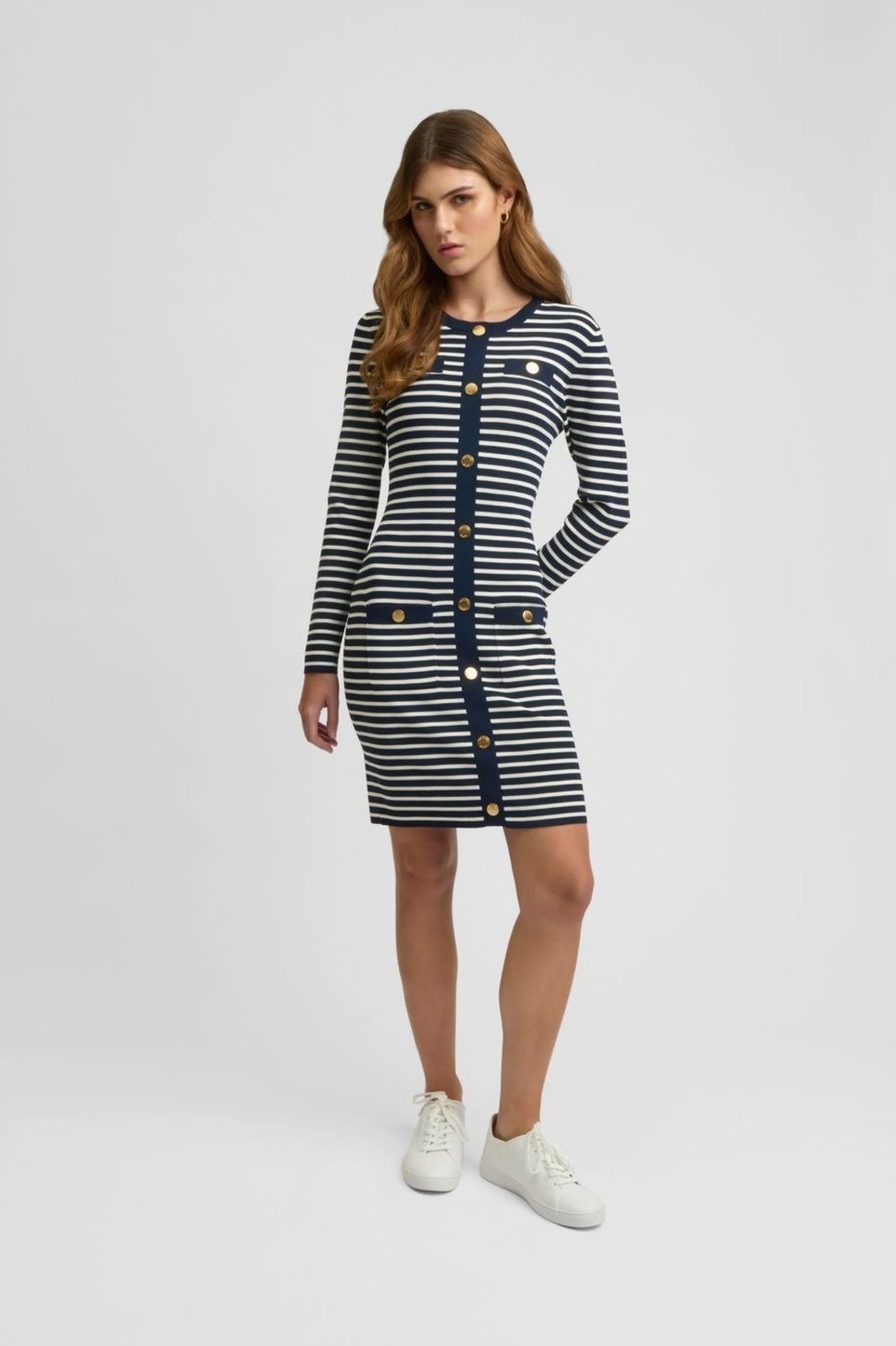 Vestido Curto Listrado Com Botões Jf482obfjg409