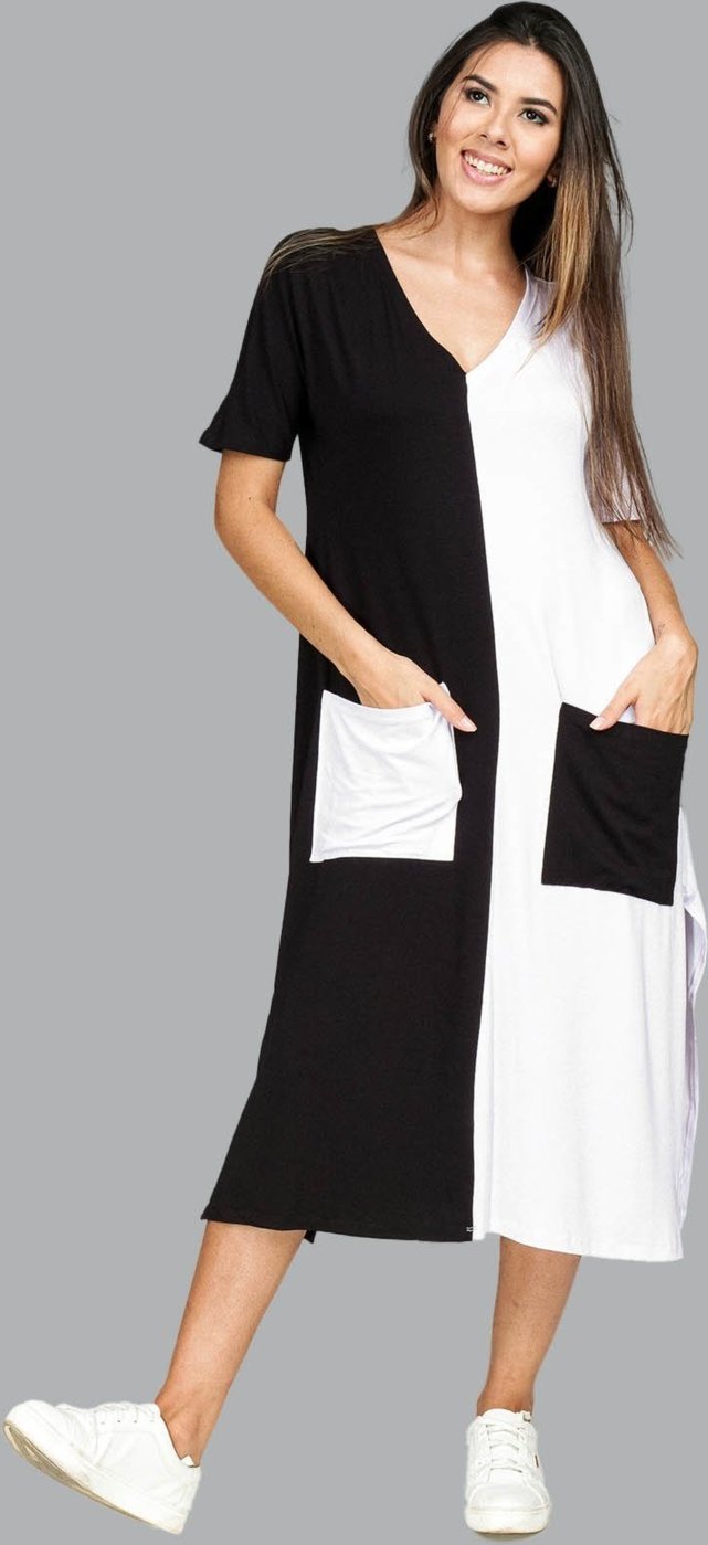 Imagem principal Vestido Midi Reto Malha com Bolso na Frente Amazonia Vital Branco e preto preto