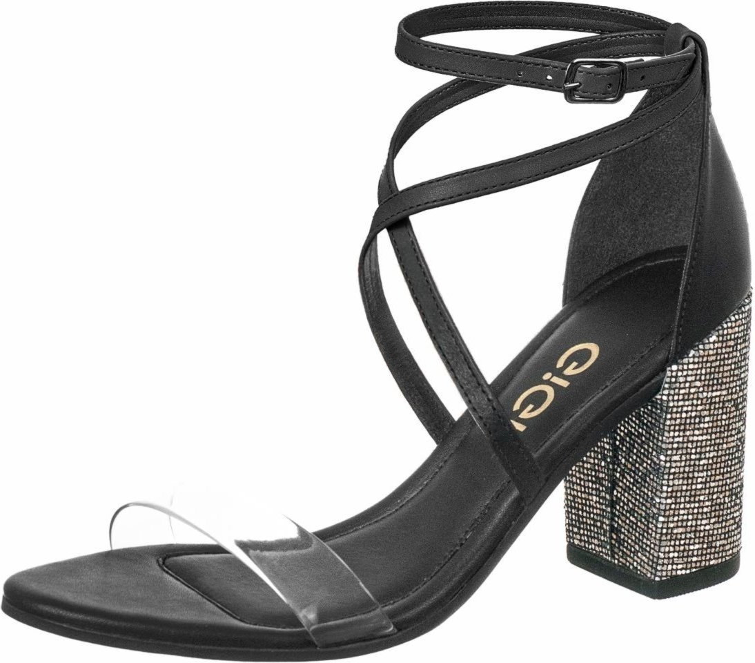 Sandália GiGiL Salto Alto Bloco Brilho Vinil Transparente Preta