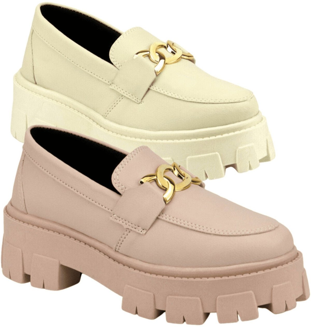 Kit 2 Mocassim Tratorado Feminino Oxford Plataforma Com Metal Blogueira Leve GuGi 403-GG Rose e Marfim