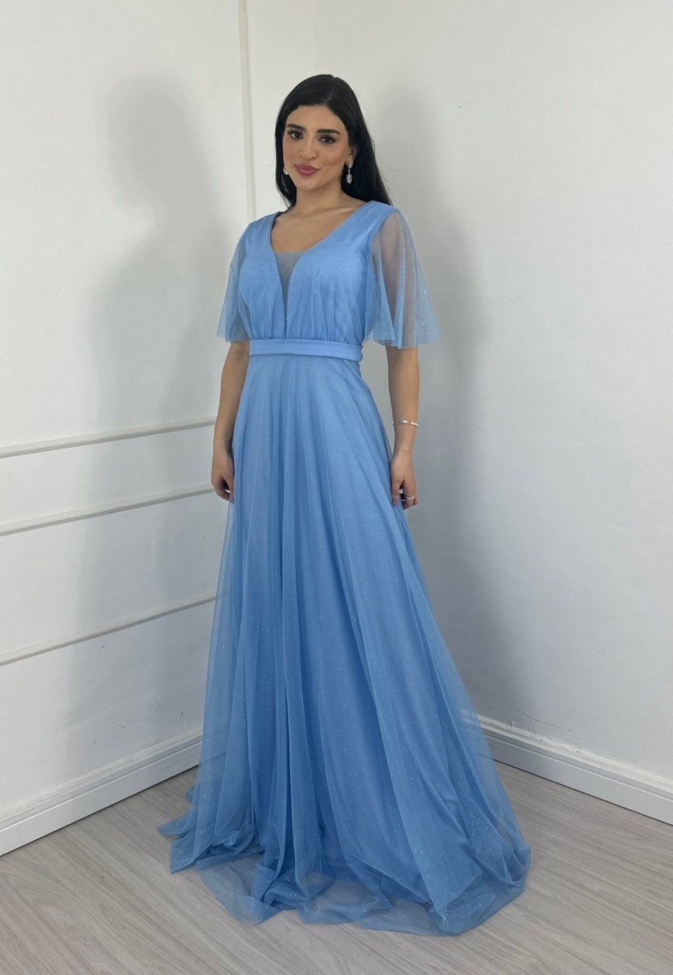 Vestido Longo de Festa Micro tule com brilho manguinha Jady Serenity