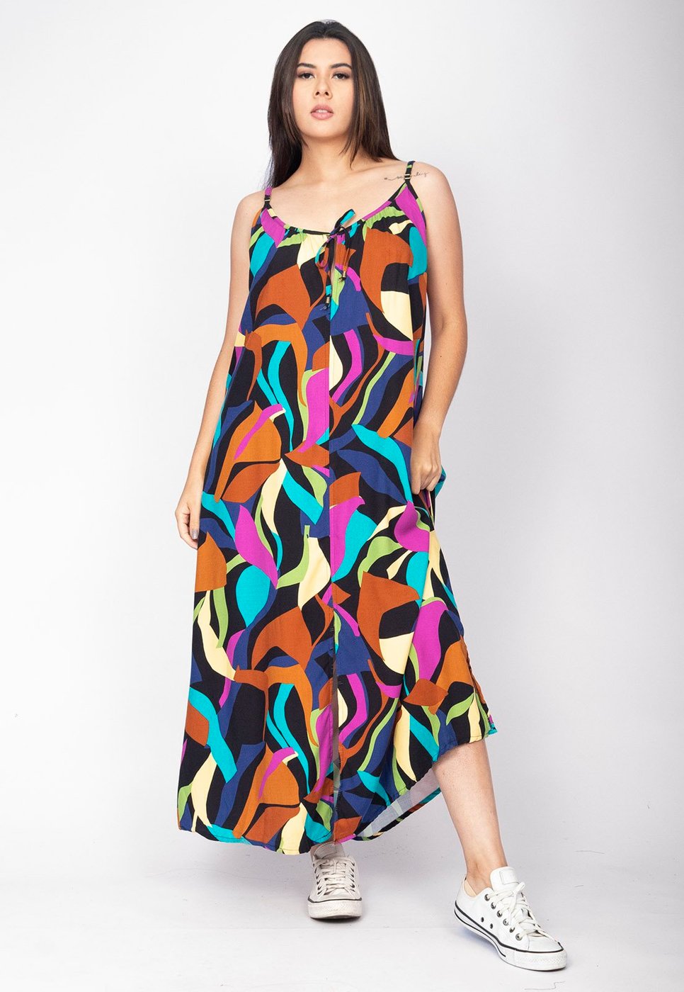 Vestido Longo Cabanafree Caçuá Viscose Alça Fina Estampa Aurora Urbana