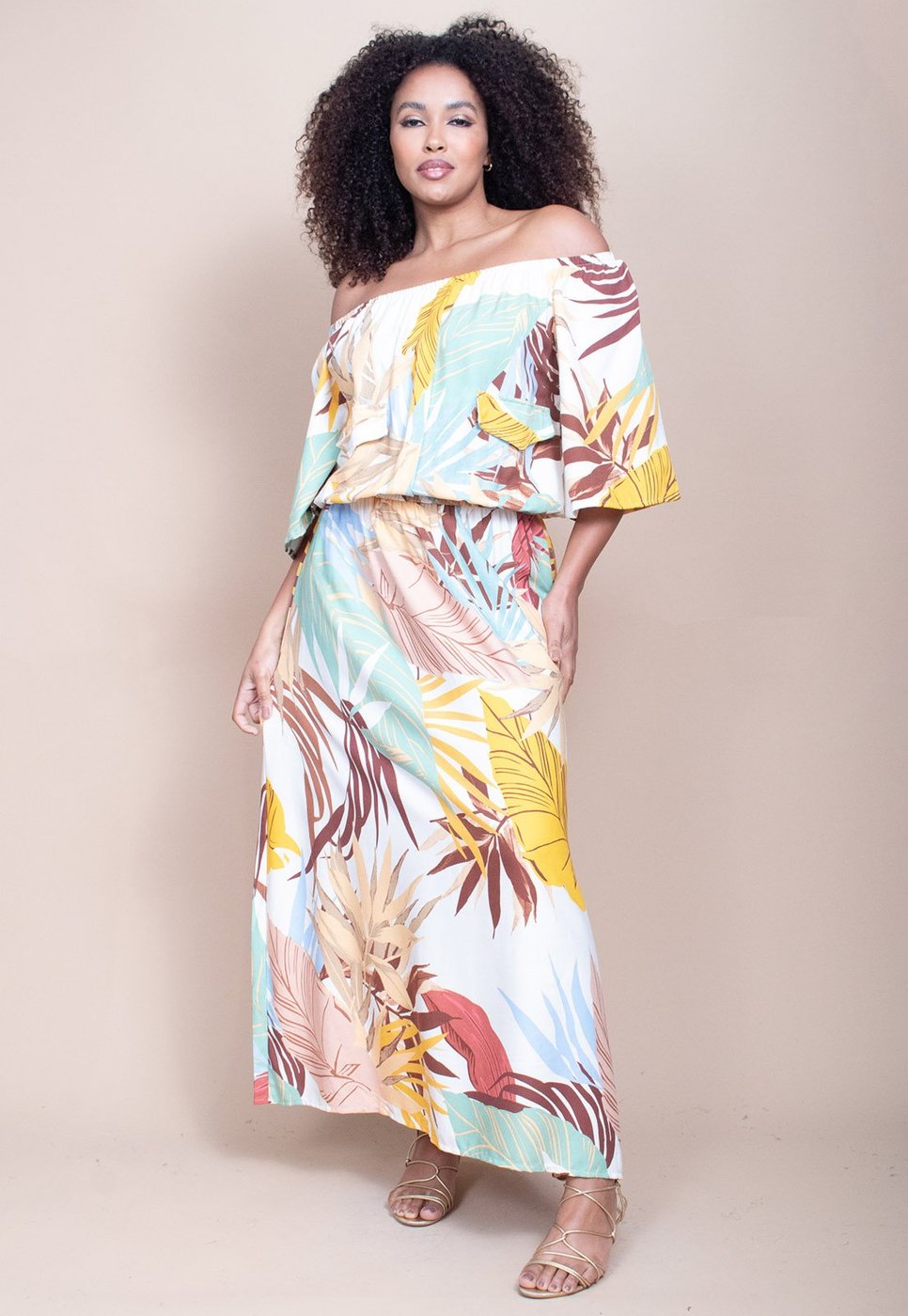 Vestido Midi Cabanafree Ciganinha Viscose com Lapela Estampa Aurora Suave