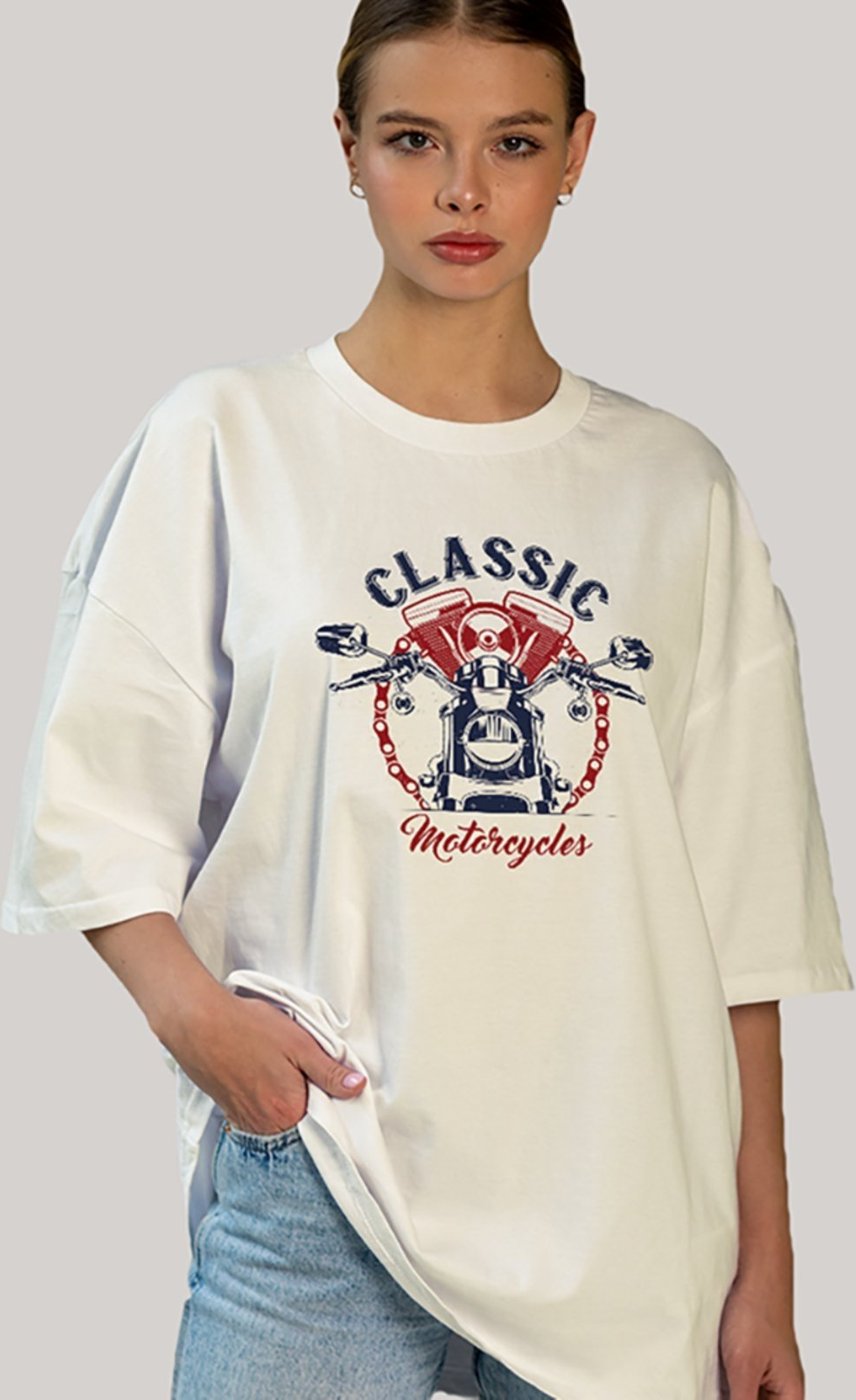 Imagem principal Camiseta Ousy Unissex Streetwear Classic Motorcycles Visual Impactante Oversized Off White off-white white ousy off-white white