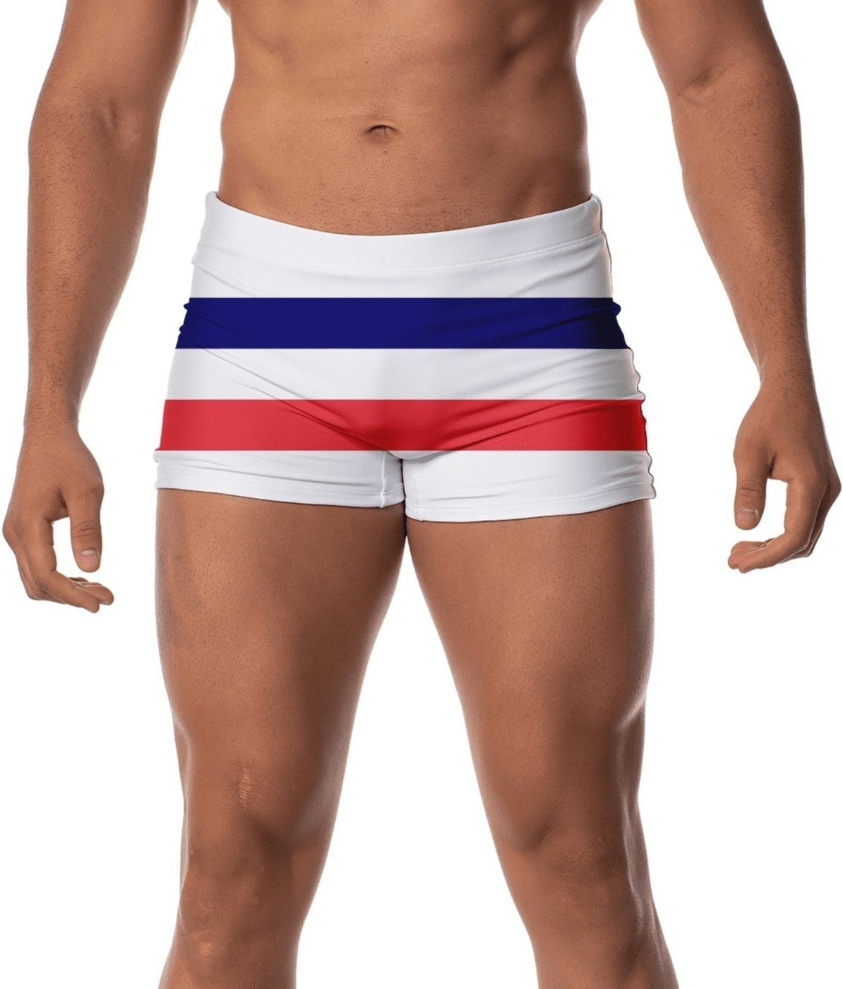 Sunga Masculina Boxer Uv50+ Forrada Com Cordão Ajustável Estampada Moda Praia Piscina Natação Faixas Vermelho e