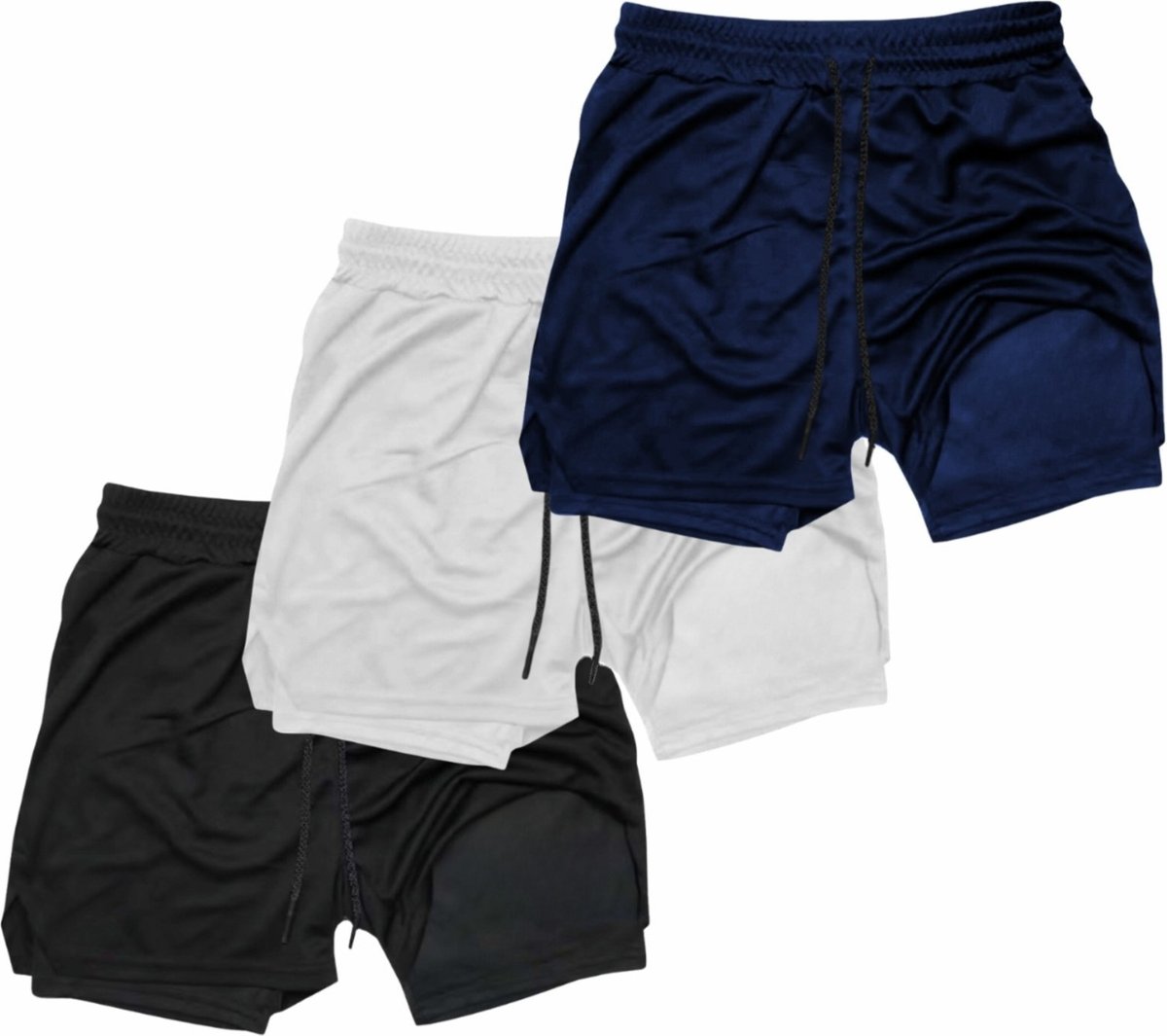 Imagem principal Kit 3 Shorts Treino Dry Térmico 2 em 1 com Bolso para Cel. e Porta-Toalha Calção Fitness Academia Relaxado multicolorido Relaxado multicolorido