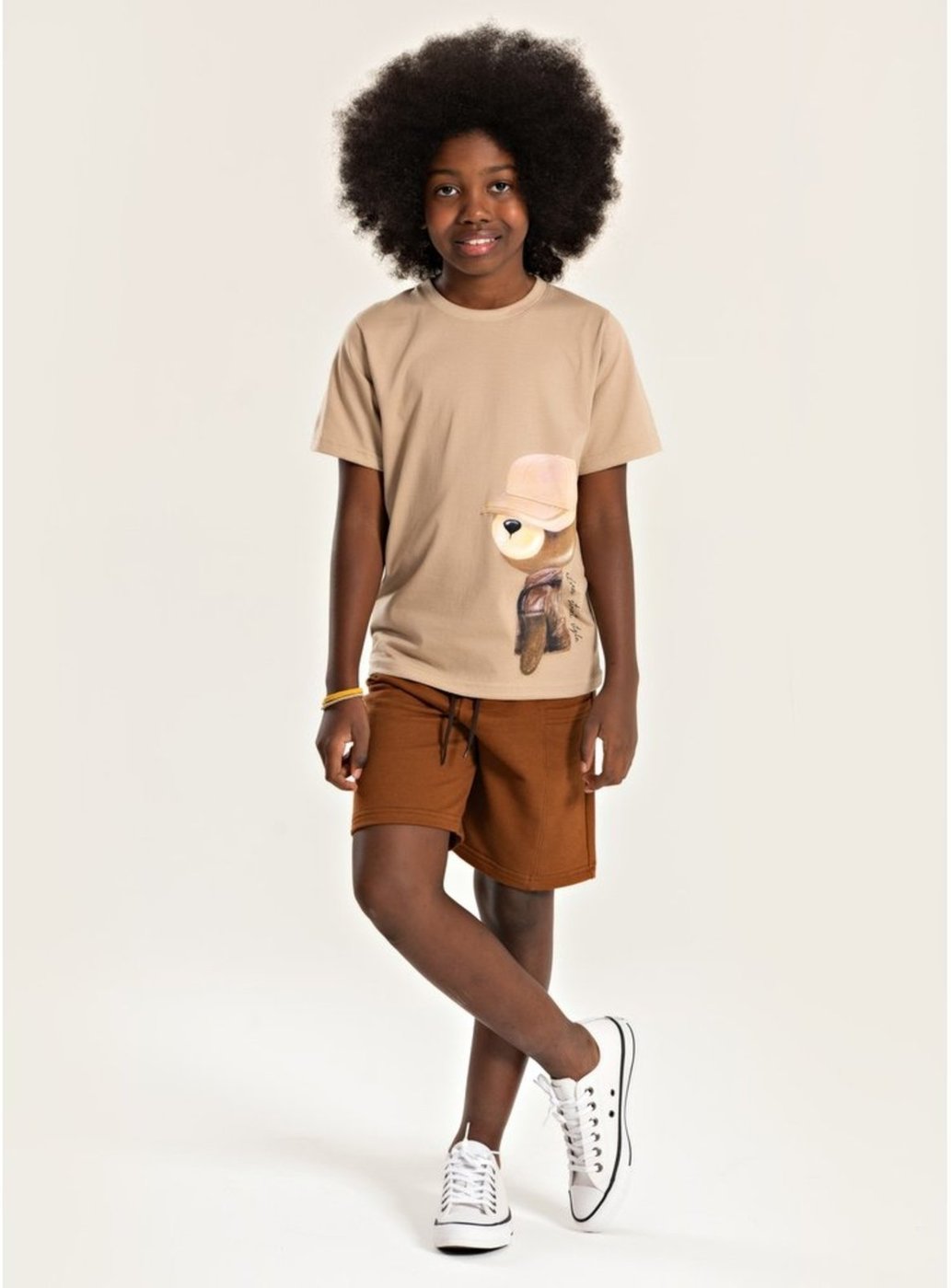 Imagem principal Infantil - Conjunto Verão Menino Bege Camiseta e Bermuda Com Bolso Urso Descolado Molekada marrom Molekada marrom