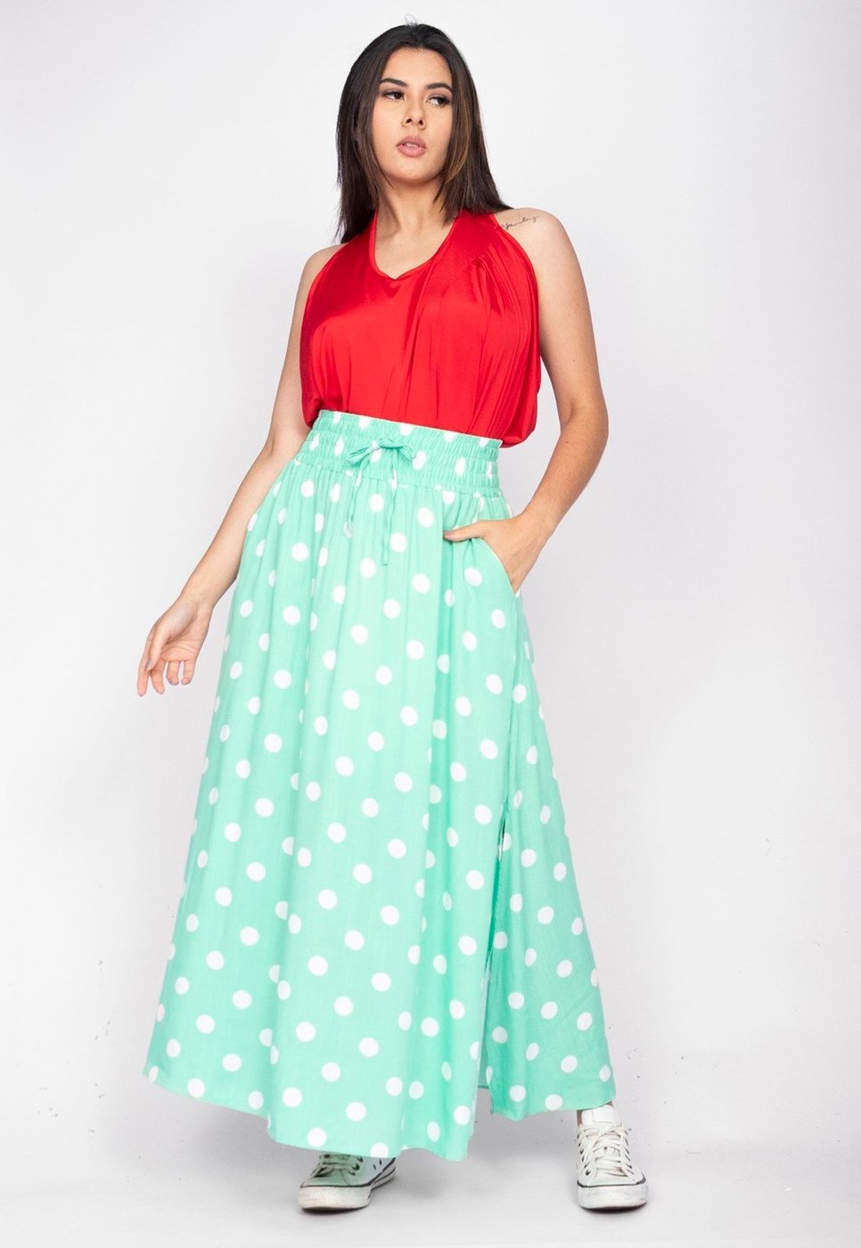 Saia Longa Amazonia Vital Viscose Verde Aqua Poá