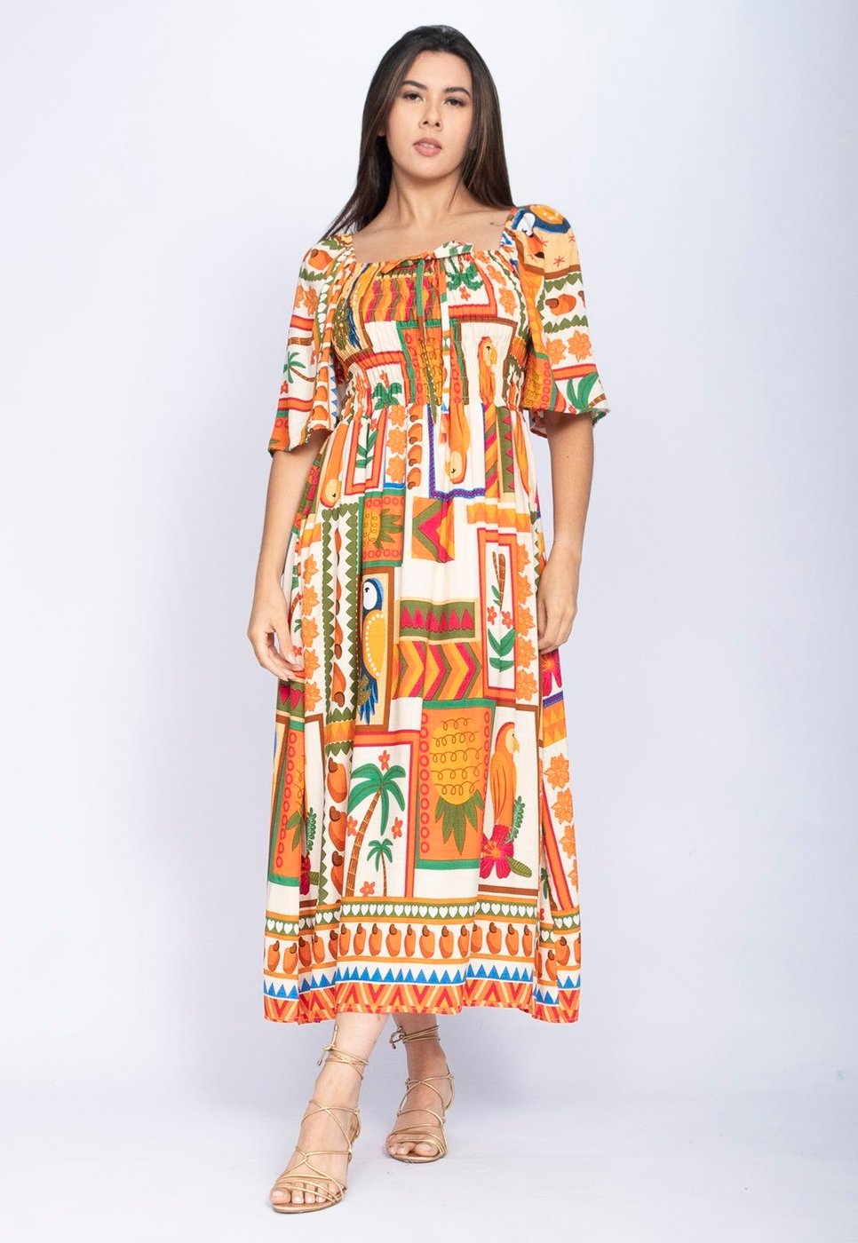 Imagem principal Vestido Midi Amazônia Vital com Manga Estampa Viva Amazônia Amazonia Vital estampado/laranja