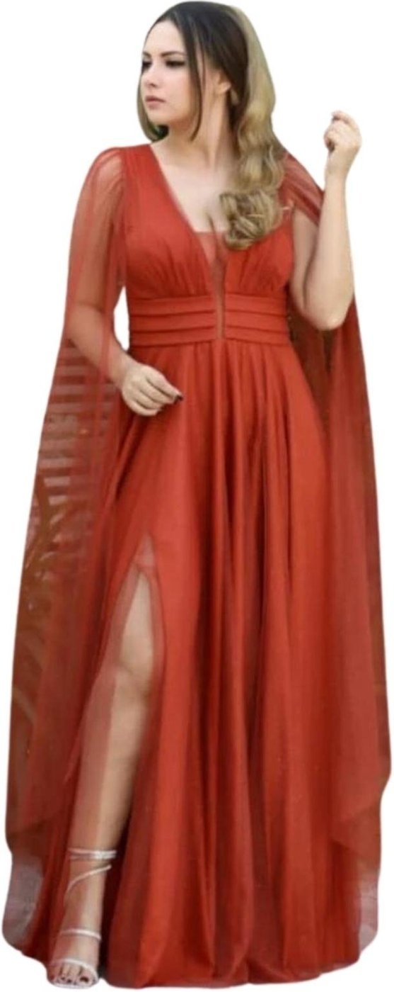 Vestido Longo De Festa Micro Tule Decote em V Com Brilho Mangas Longas e Soltas Caroline Terracota