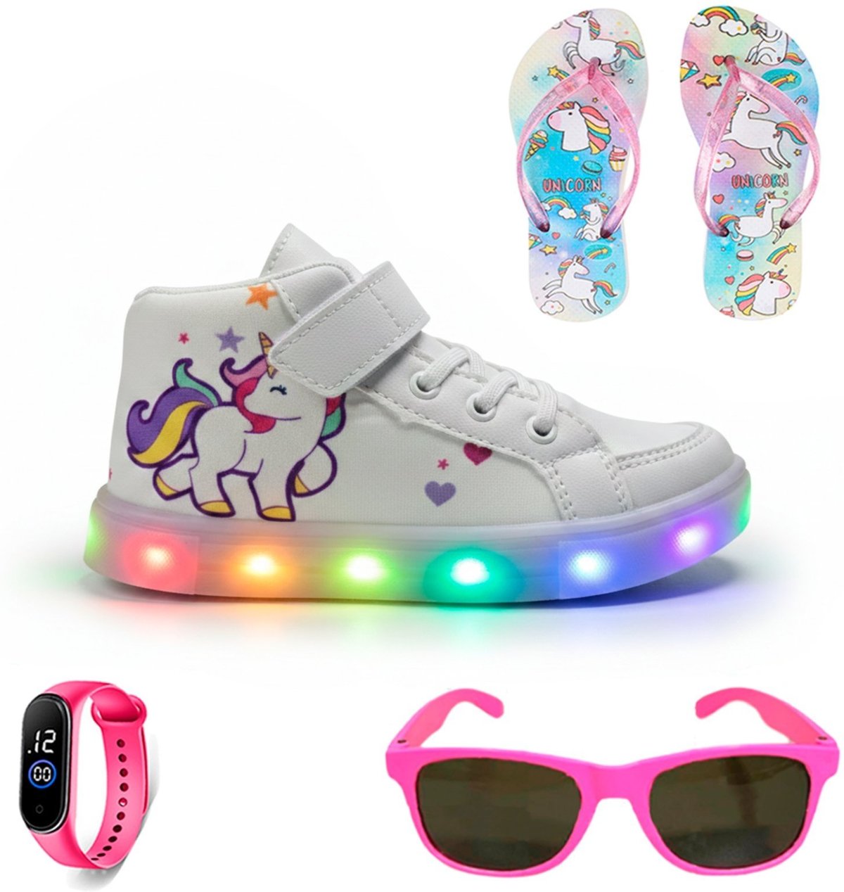 Imagem principal Infantil - Kit Premium Volta às Aulas para Meninas com Botinha de Led Unicórnio + Mochila de Ombros + Chinelo Leve e Macio + Relógio Digital + Óculos CALCADOS LGHT LIGHT branco CALCADOS LGHT LIGHT branco