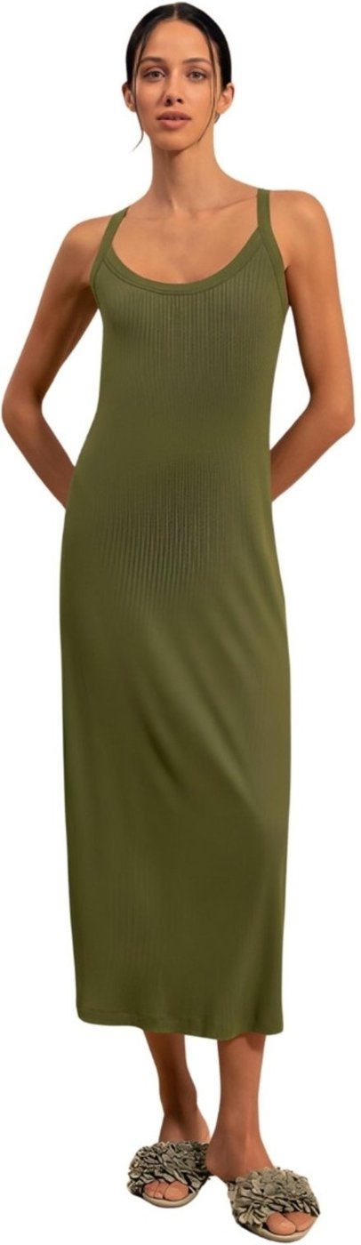 Vestido Chá Alças Finas Canelado Com Bordado Localizado