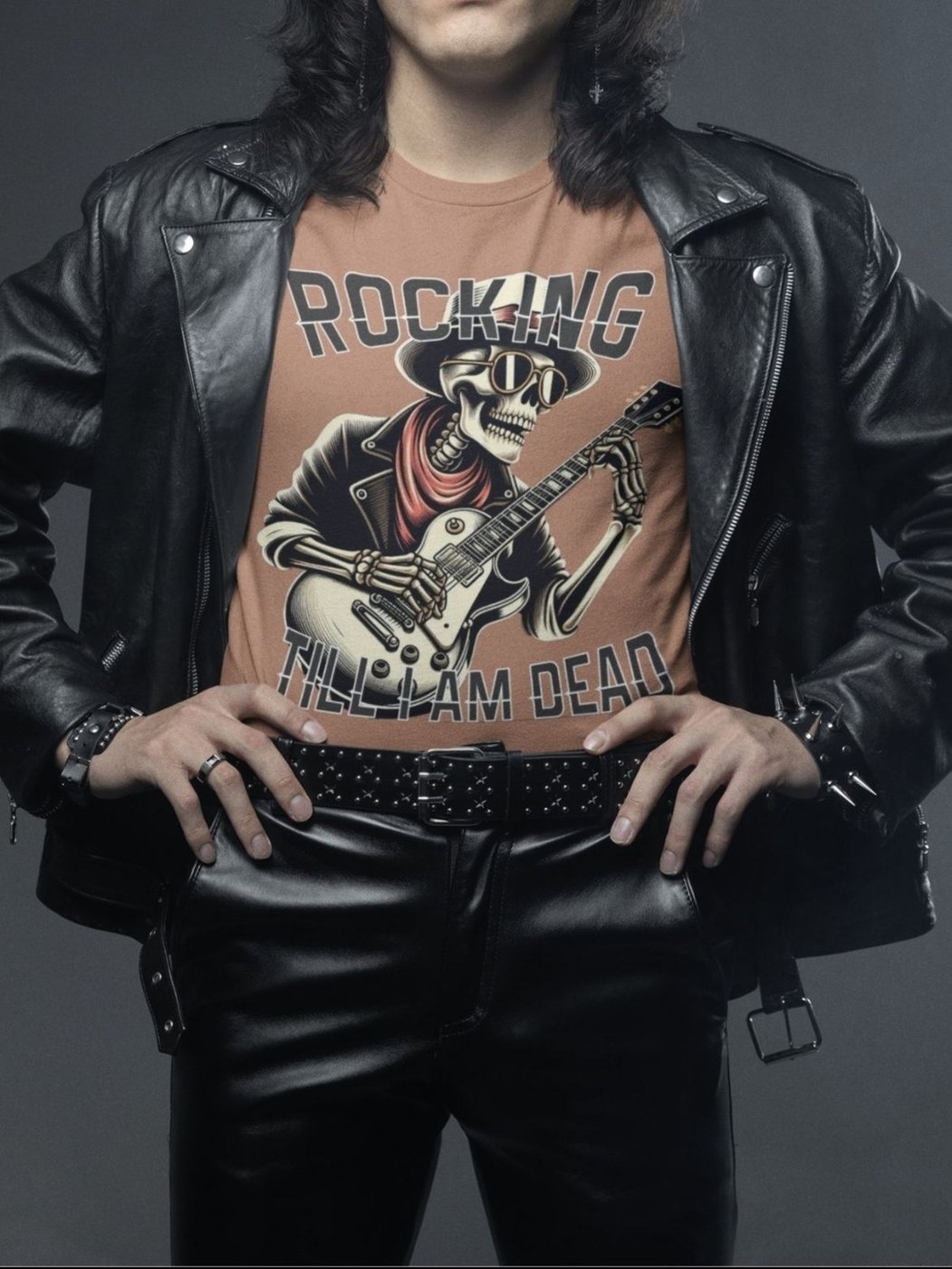 Imagem principal Camiseta Masculina GuGi Camisa De Rock Esqueleto Caveira Com Guitarra Caqui cáqui caqui Gugi cáqui caqui