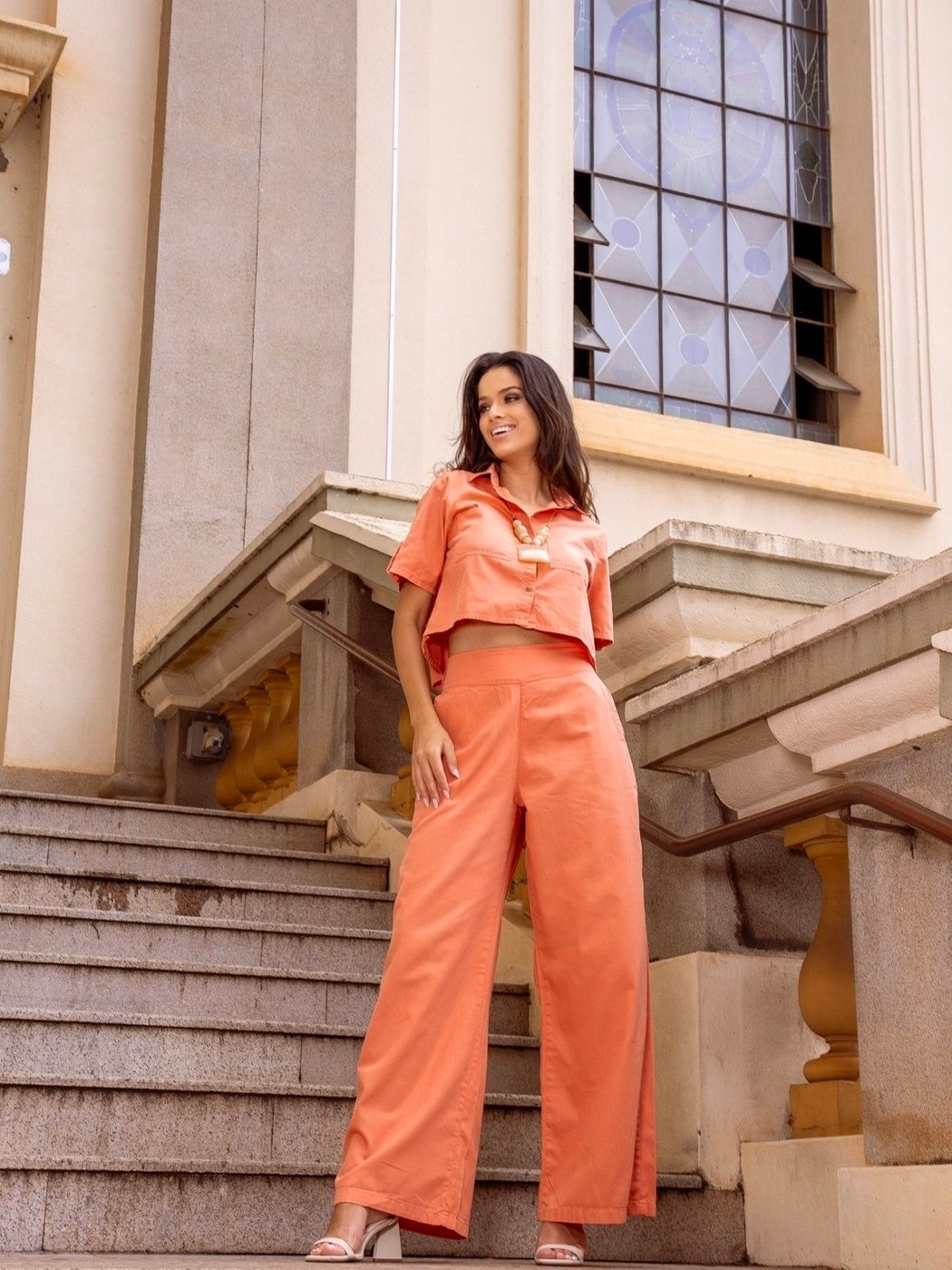 Calça Pantalona Alfaiataria Novah Store Sarja Coral