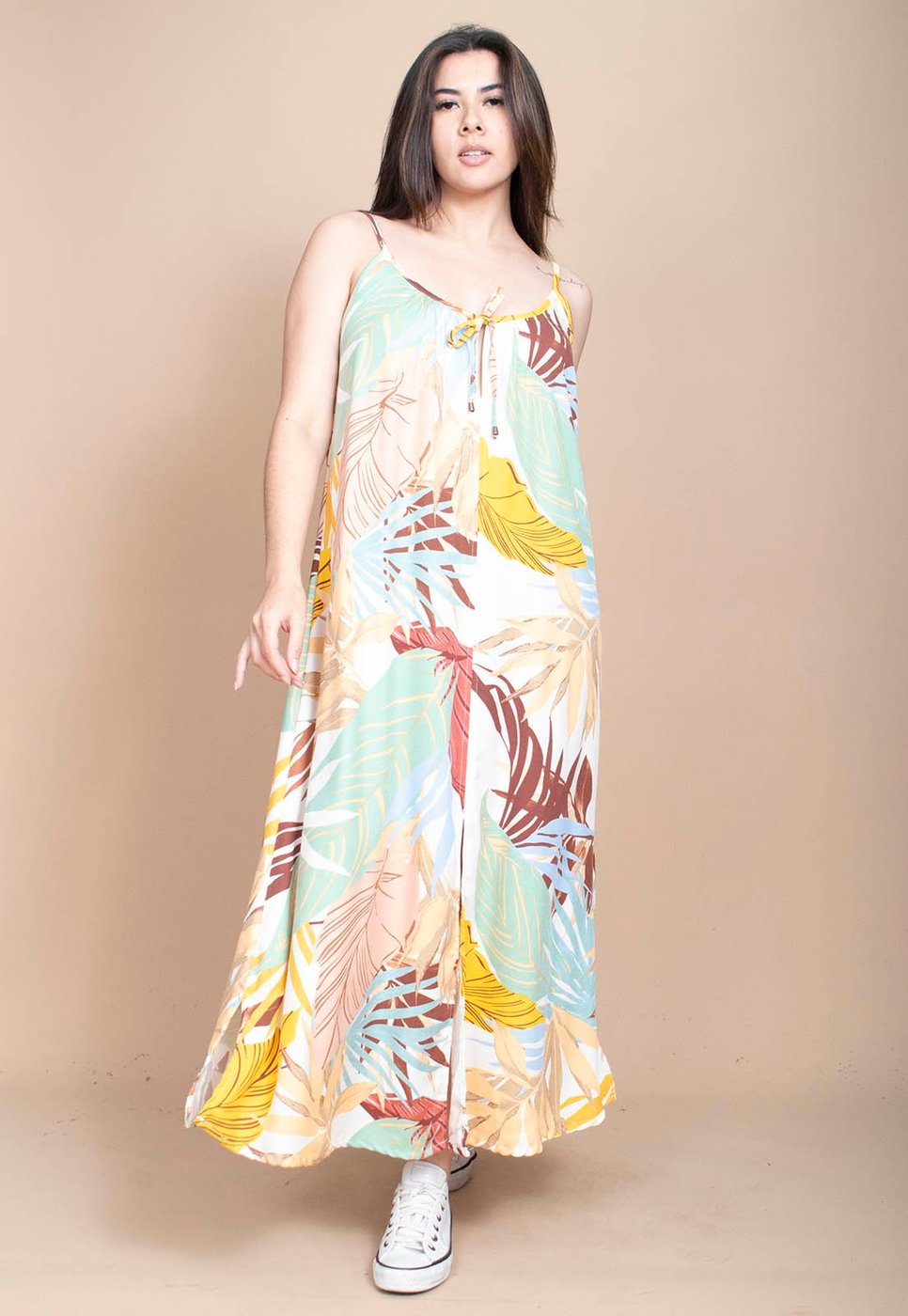 Vestido Longo Cabanafree Caçuá Viscose Alça Fina Estampa Aurora Suave