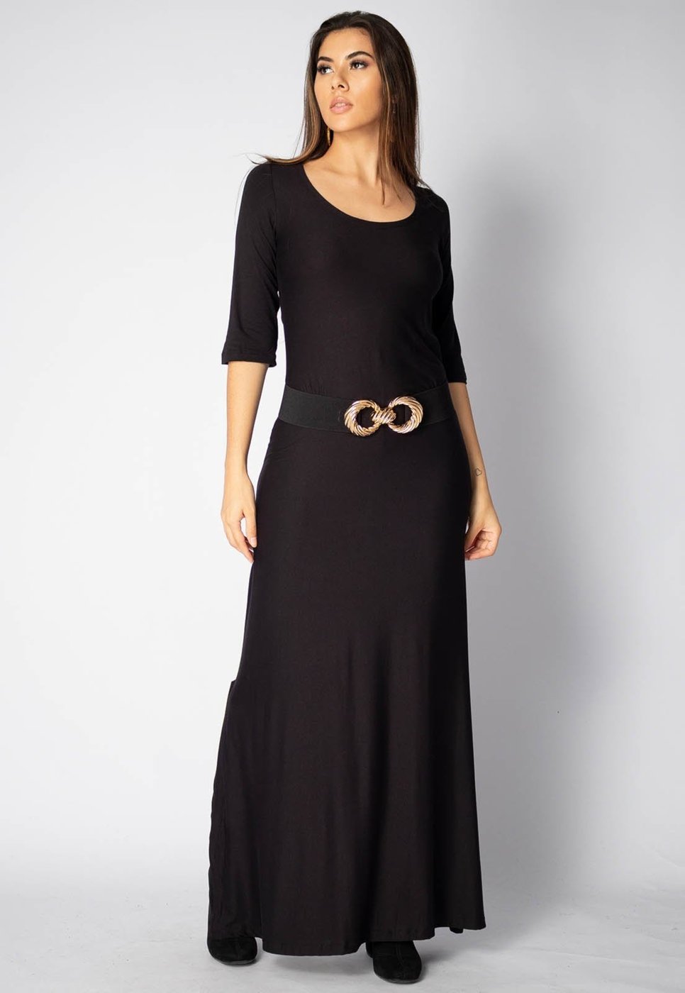 Vestido Longo Amazonia Vital Malha Manga 3/4 Gola Canoa