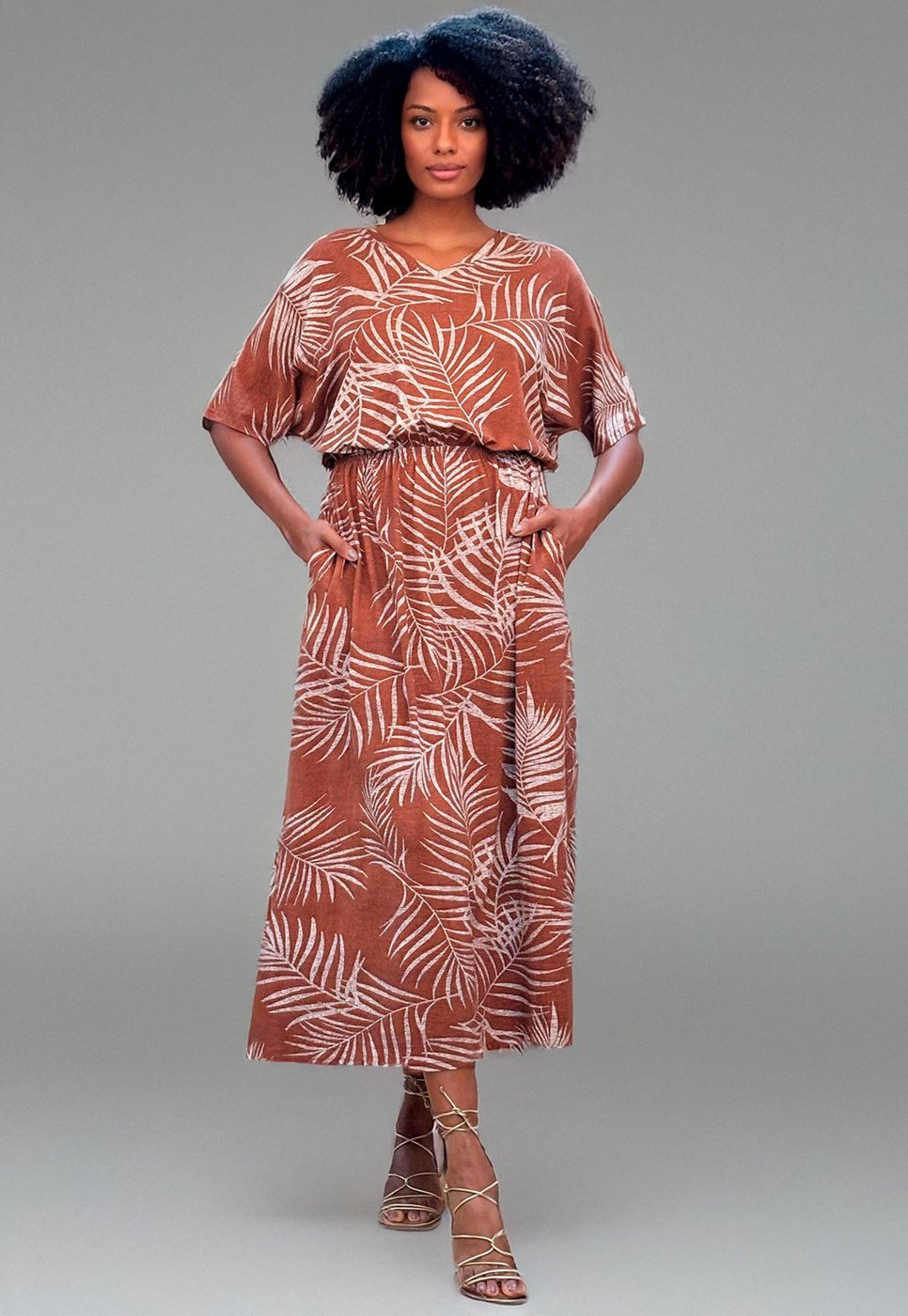 Vestido Cabanafree Longo Malha Estampa Palmas da Terra