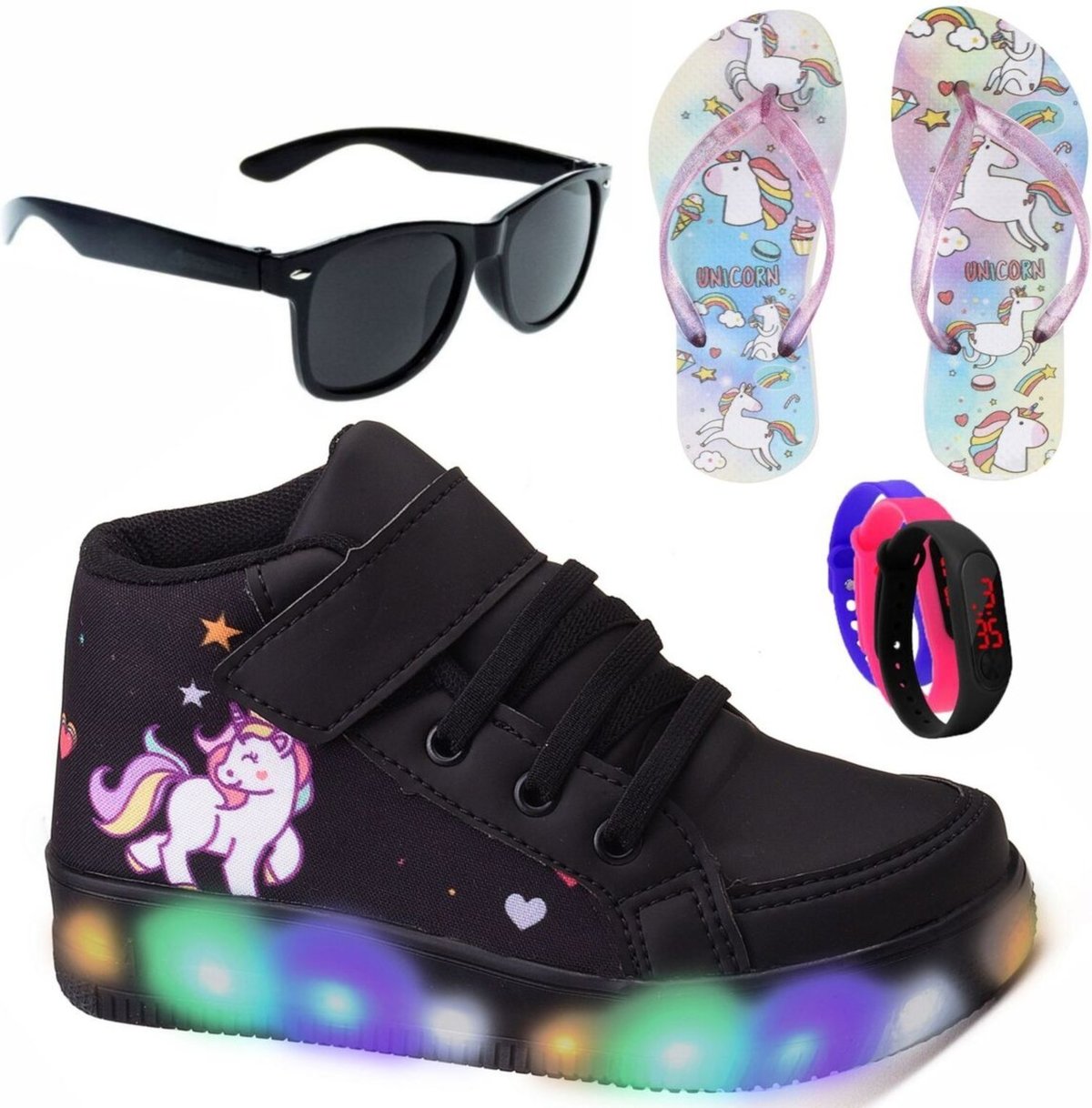Infantil - Kit Tênis De Led Botinha Unicornio Meninas Chinelo Óculos Relógio
