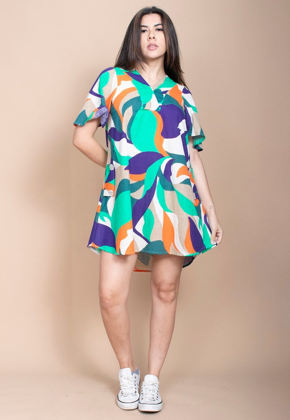 Vestido Curto Cabanafree Pataxô Viscose Mullet Decote V Brisa do Mar