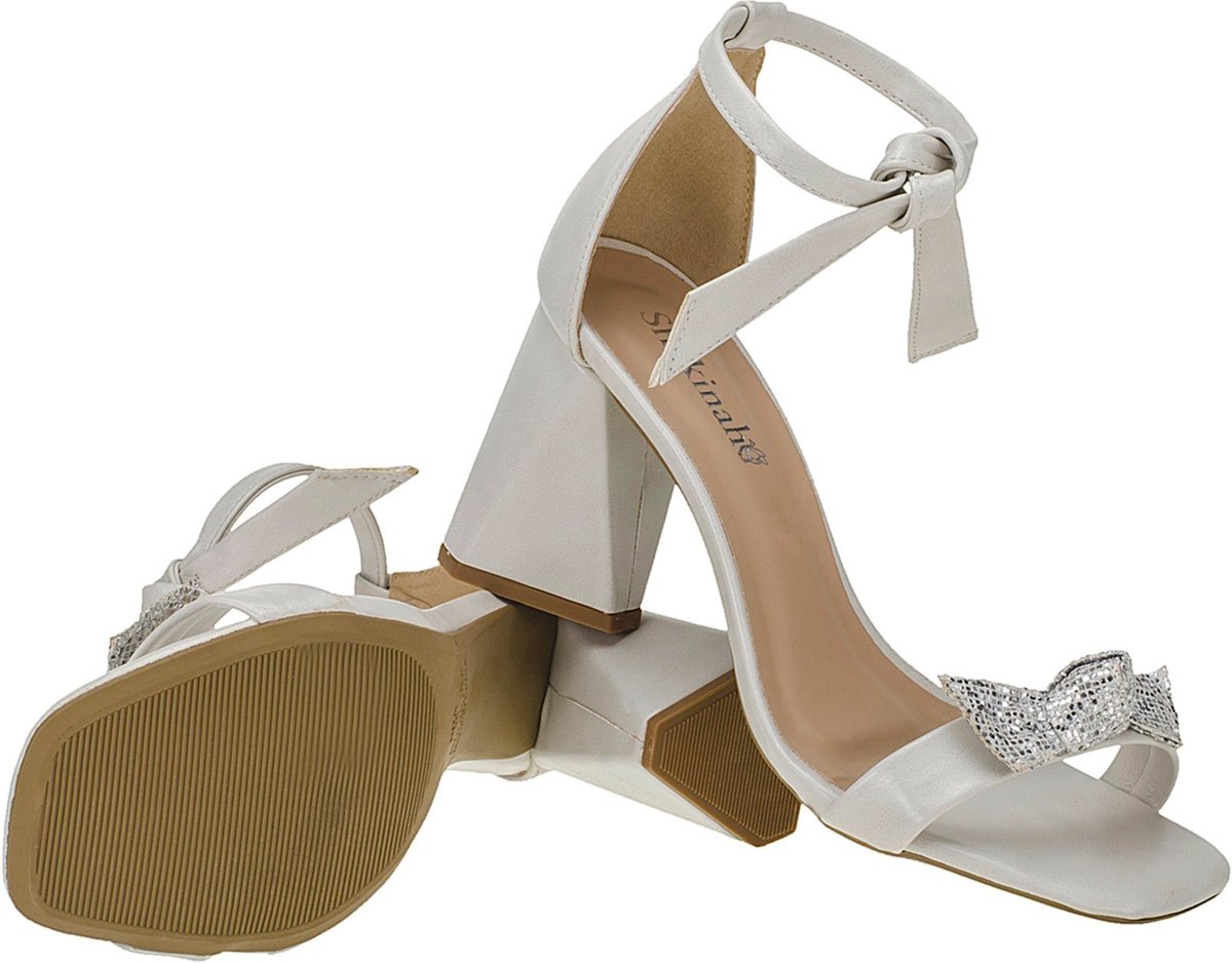 Sandália Feminina Salto Alto Bico Quadrado Salto Pregado Geométrico Shekinah Laço Brilho Brilhante Off White