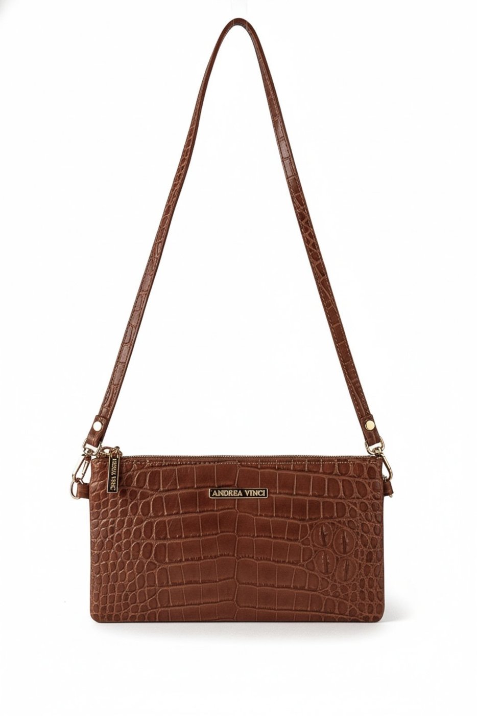 Imagem principal Bolsa transversal pequena de couro croco Tayná - Whisky Andrea Vinci bege Andrea Vinci bege