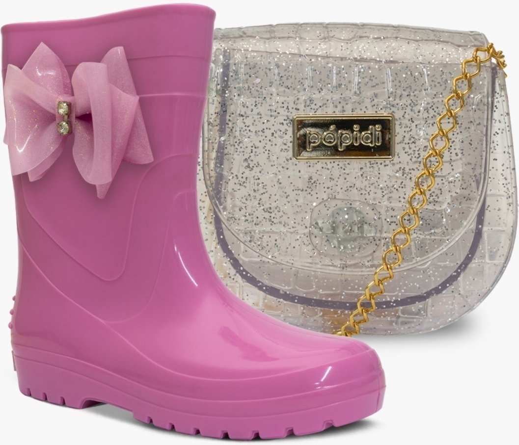 Imagem principal Infantil - Kit Bolsa e Bota Galocha Feminina Pópidi Menina Laço Glitter e Prata rosa Pópidí rosa