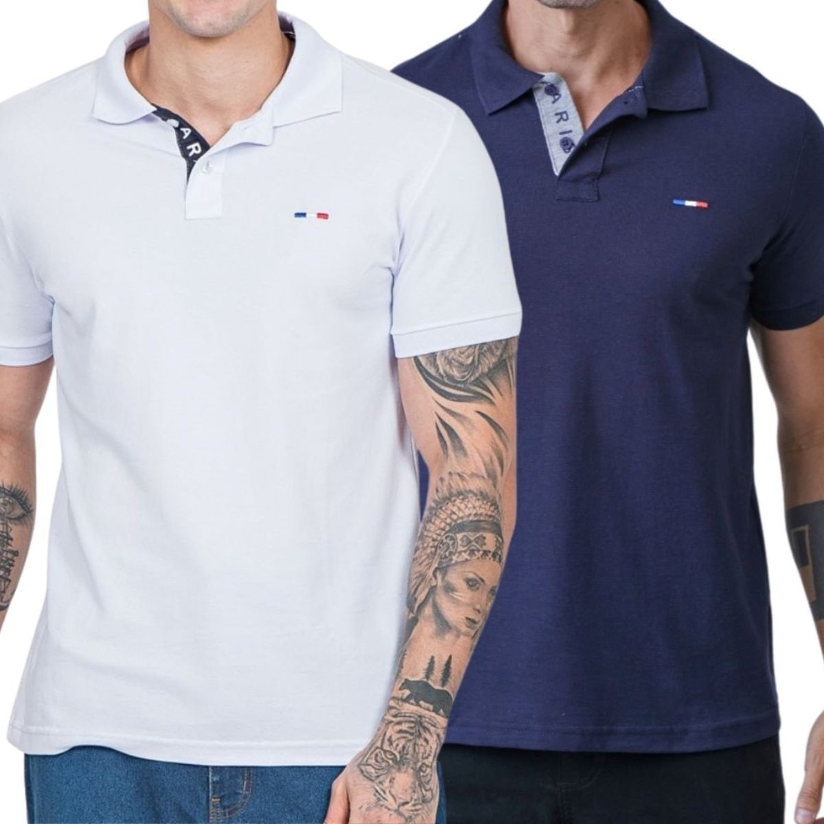Imagem principal Kit 2 Polos Masculina Básicas FMF e Marinho Piquet no Estilo Tommy Bordado França branco FMF branco