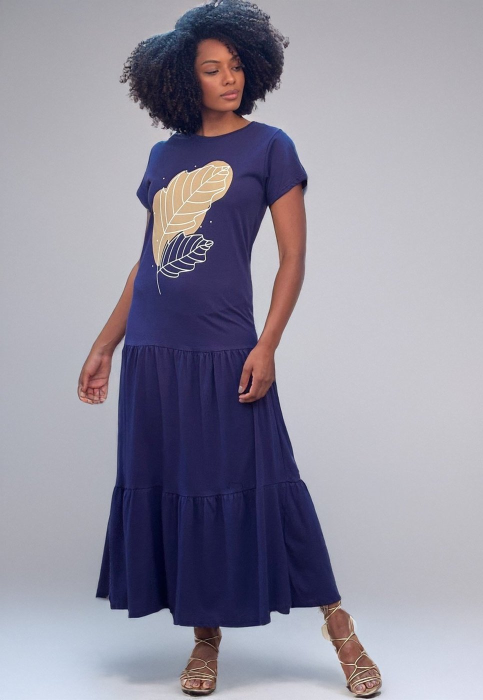 Vestido Caabanafree Longo Com Manga Curta Folha