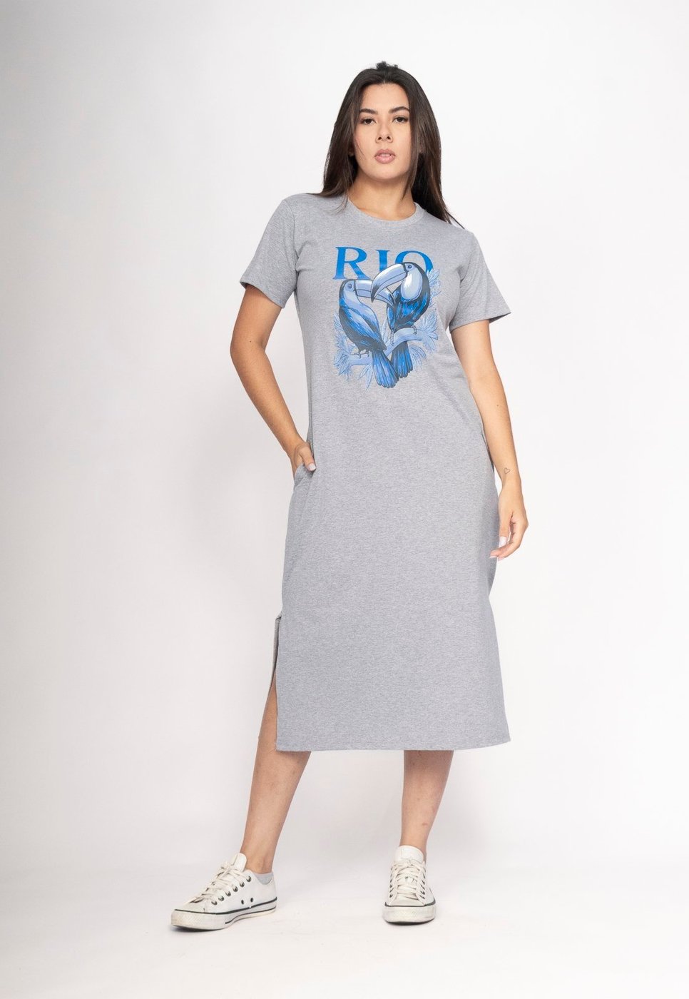 Vestido CabanaFree Midi Algodão Manga Curta Araras RIO Pedra do Rio