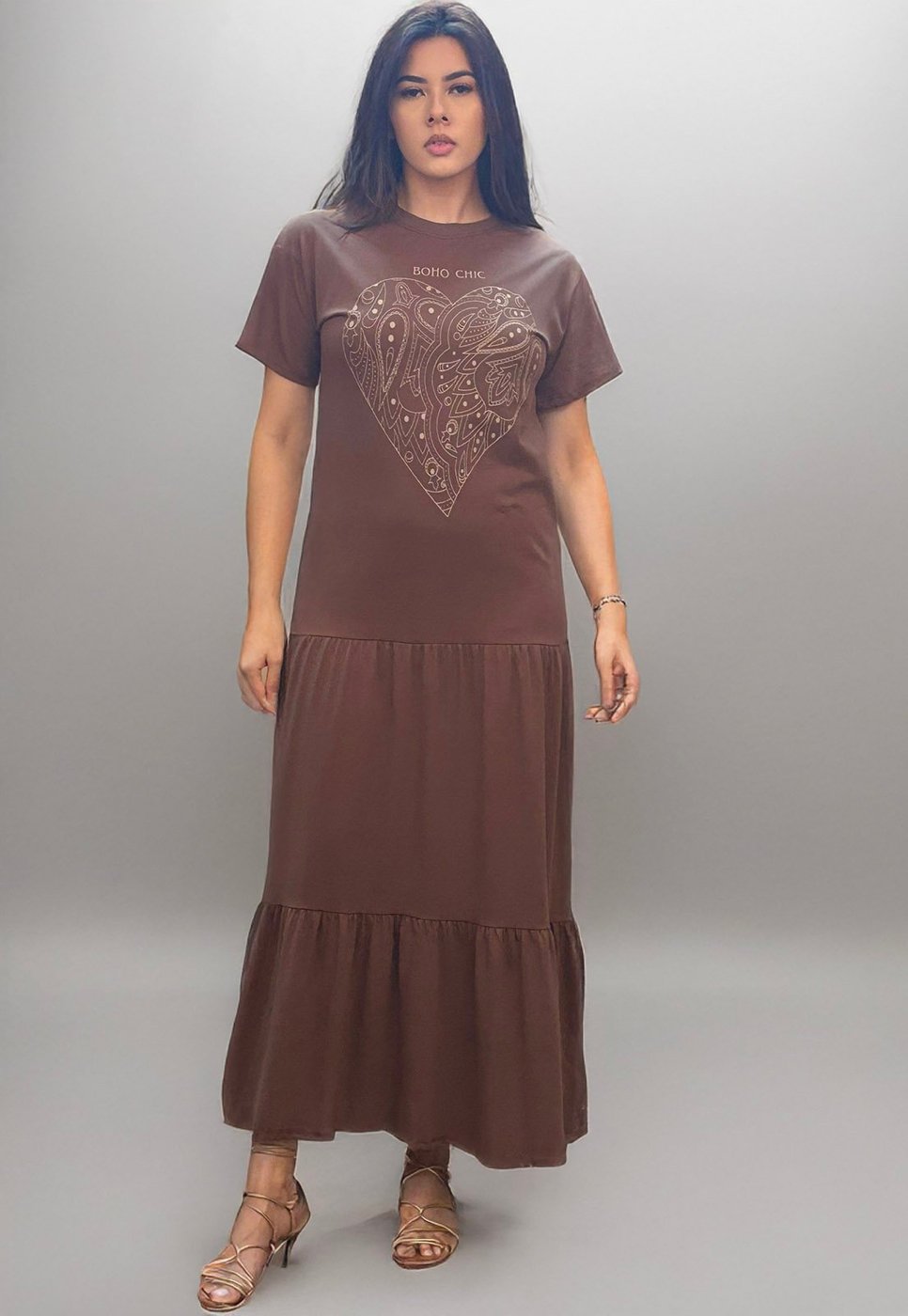 Vestido Cabanafree Longo Manga Curta Coração