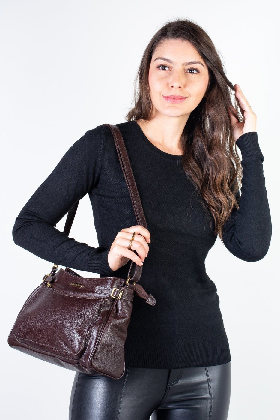 Imagem principal Bolsa tiracolo de couro liso Lorena - Café Andrea Vinci azul Andrea Vinci azul