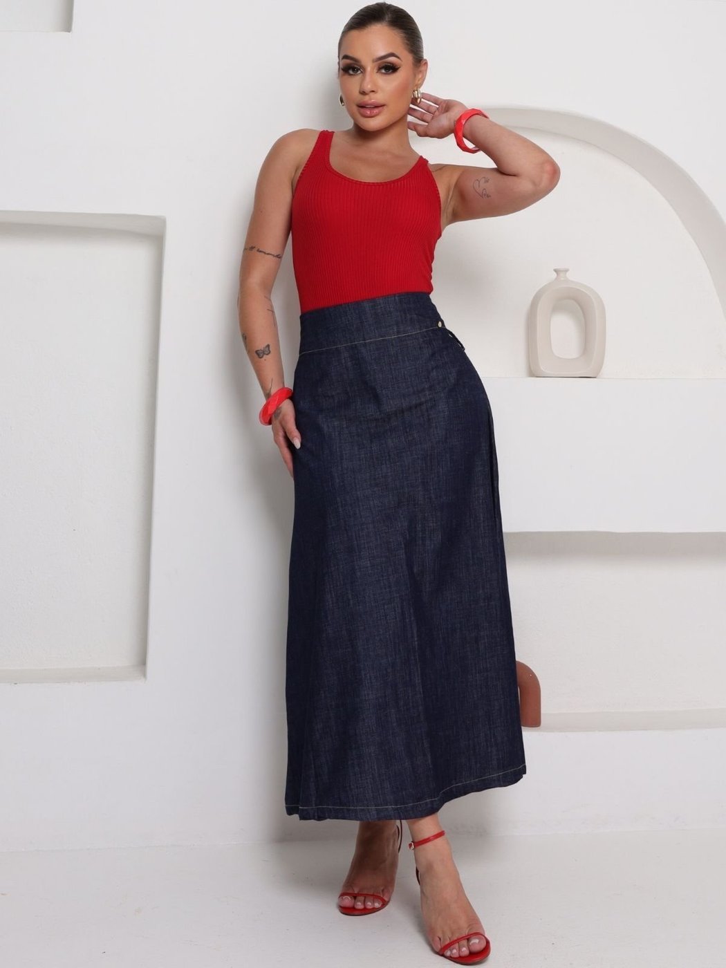 Saia Patria Brasil Mídi Evasê de Jeans Feminina