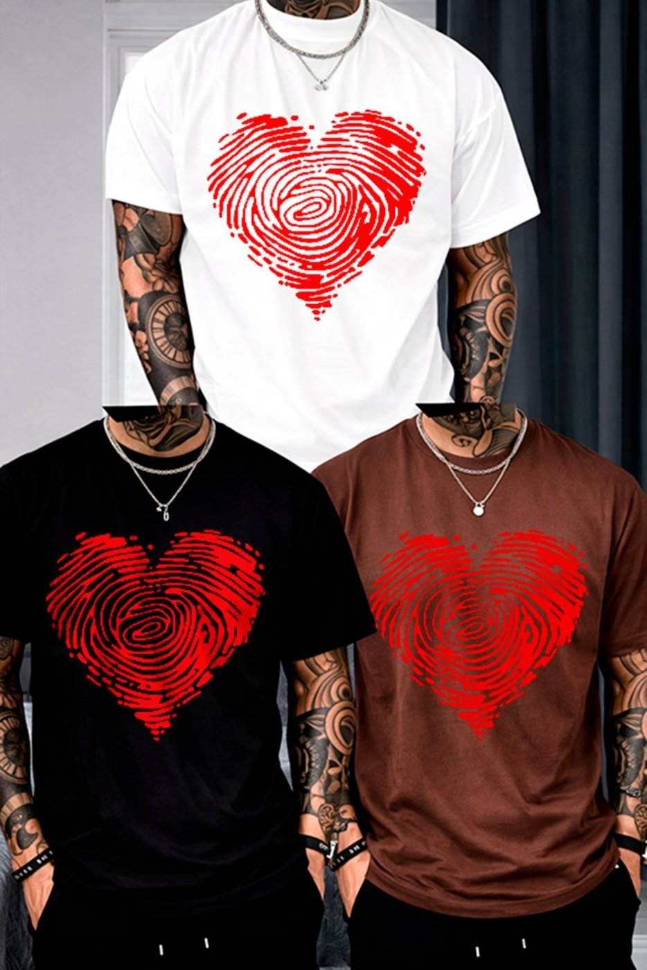 Imagem principal Kit 3 Camisetas Oversized Coração Digital Fingerprint Estilo Urbano Unissex Algodão Premium ousy branco/marrom/preto ousy branco/marrom/preto