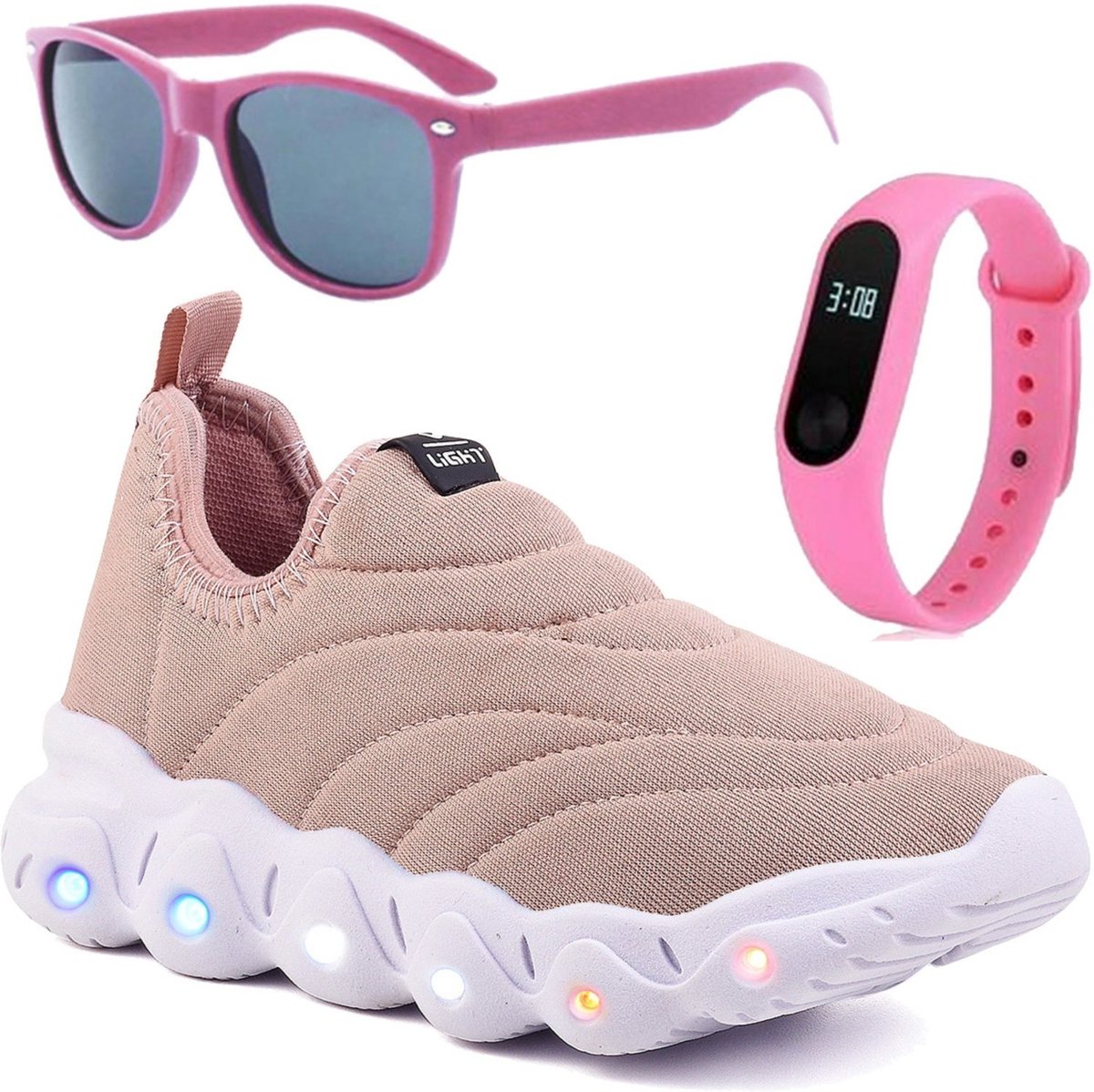 Infantil - Tenis de Led Menino e Menina Calce Facil Nude e Óculos e Relógio