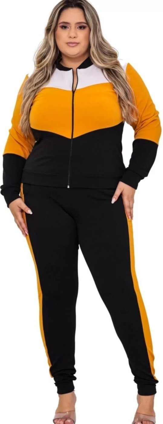 Imagem principal Conjunto Summer Body Feminino Plus Size Moletom Crepe Blusa + Calça mostarda amarelo/laranja Summer Body amarelo/laranja