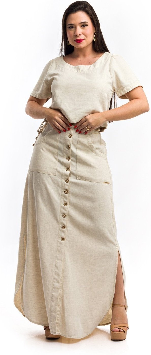 Conjunto Restrito Jeans Cropped e Saia Longa de Linho