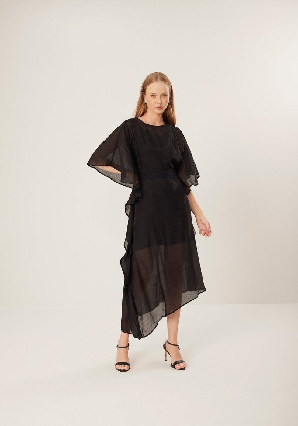 Vestido Lez a Lez Midi Chá Com Mangas Amplas E Transparência